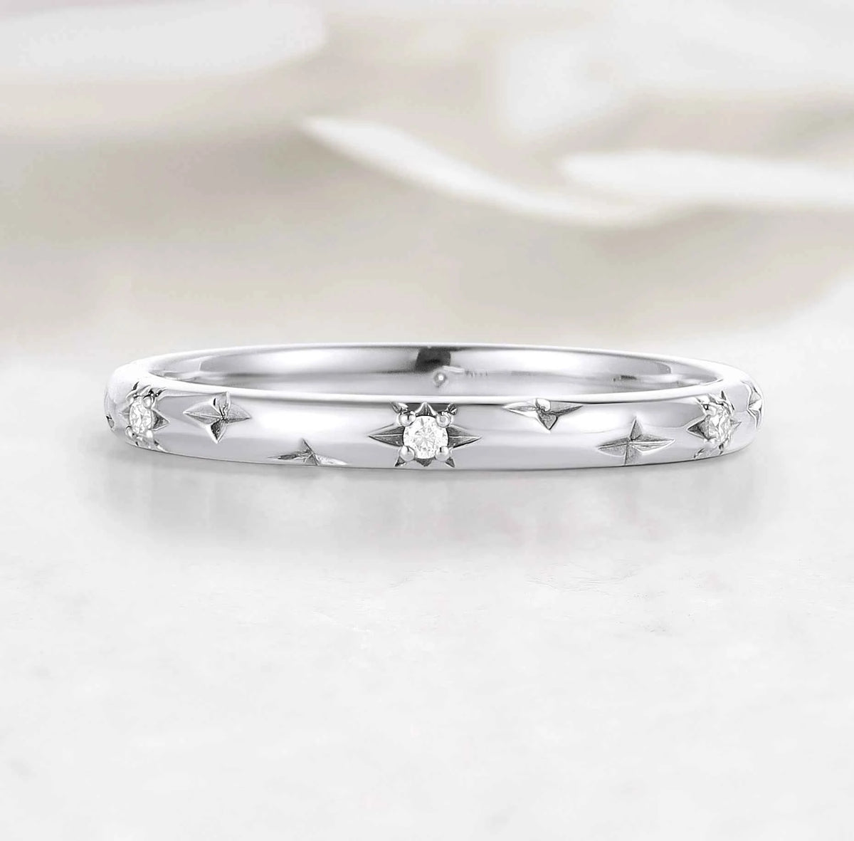 Celestial Moon & Star Moissanite 2mm Straight Wedding Band