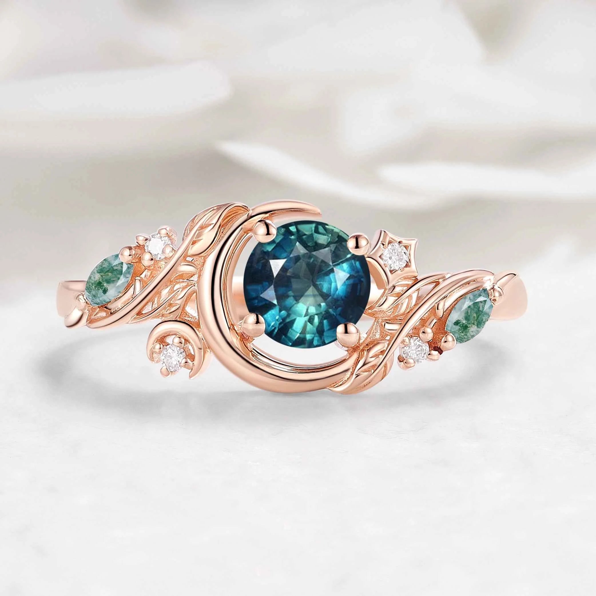 Nature-inspired Moon & Leaf Round Cut Teal Sapphire Engagement Ring - Veralune