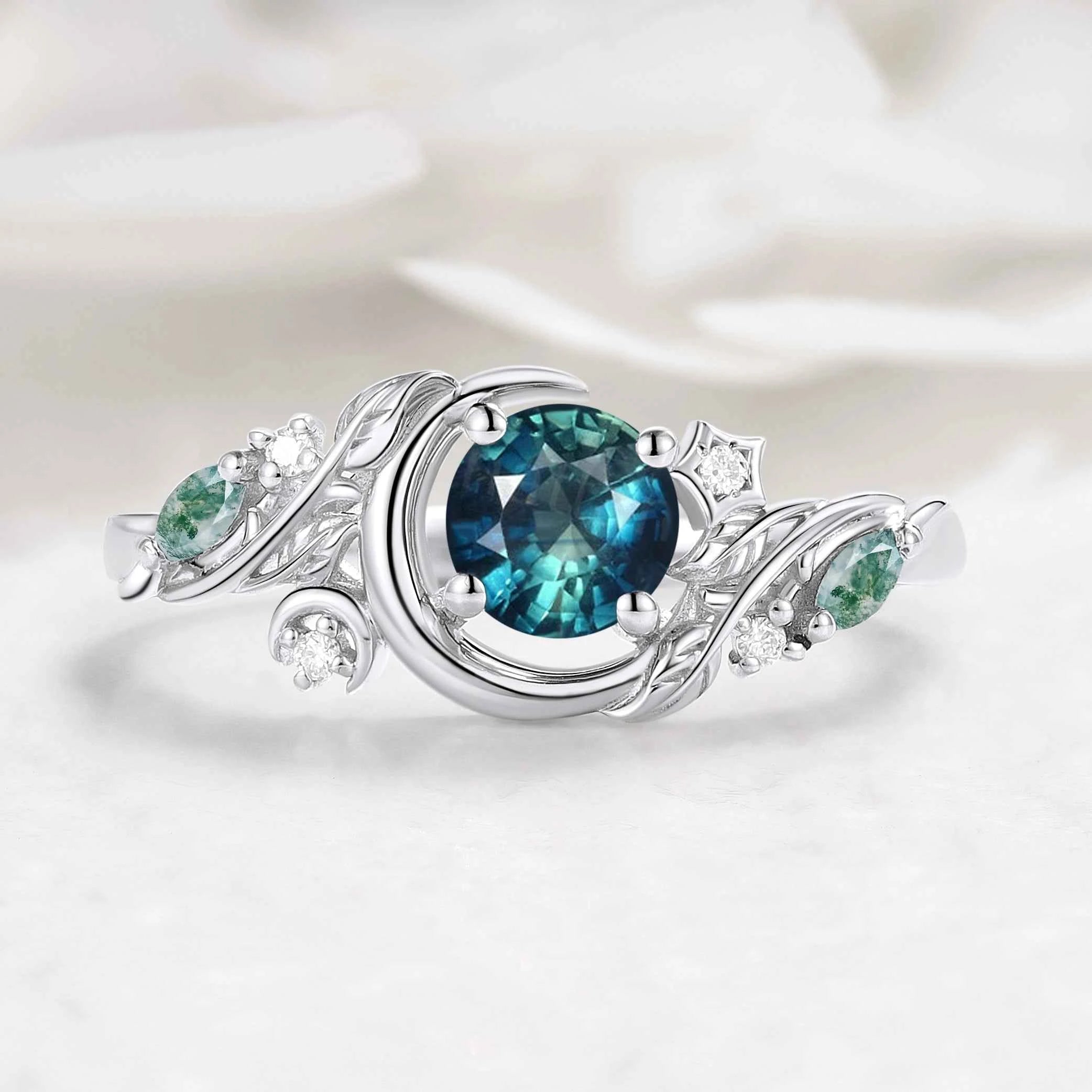 Nature-inspired Moon & Leaf Round Cut Teal Sapphire Engagement Ring - Veralune