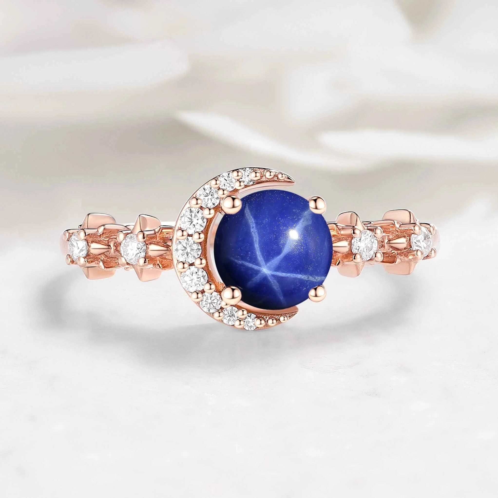 Star & Moon Inspired Custom Round Cut Star Sapphire Engagement Ring - Aurora
