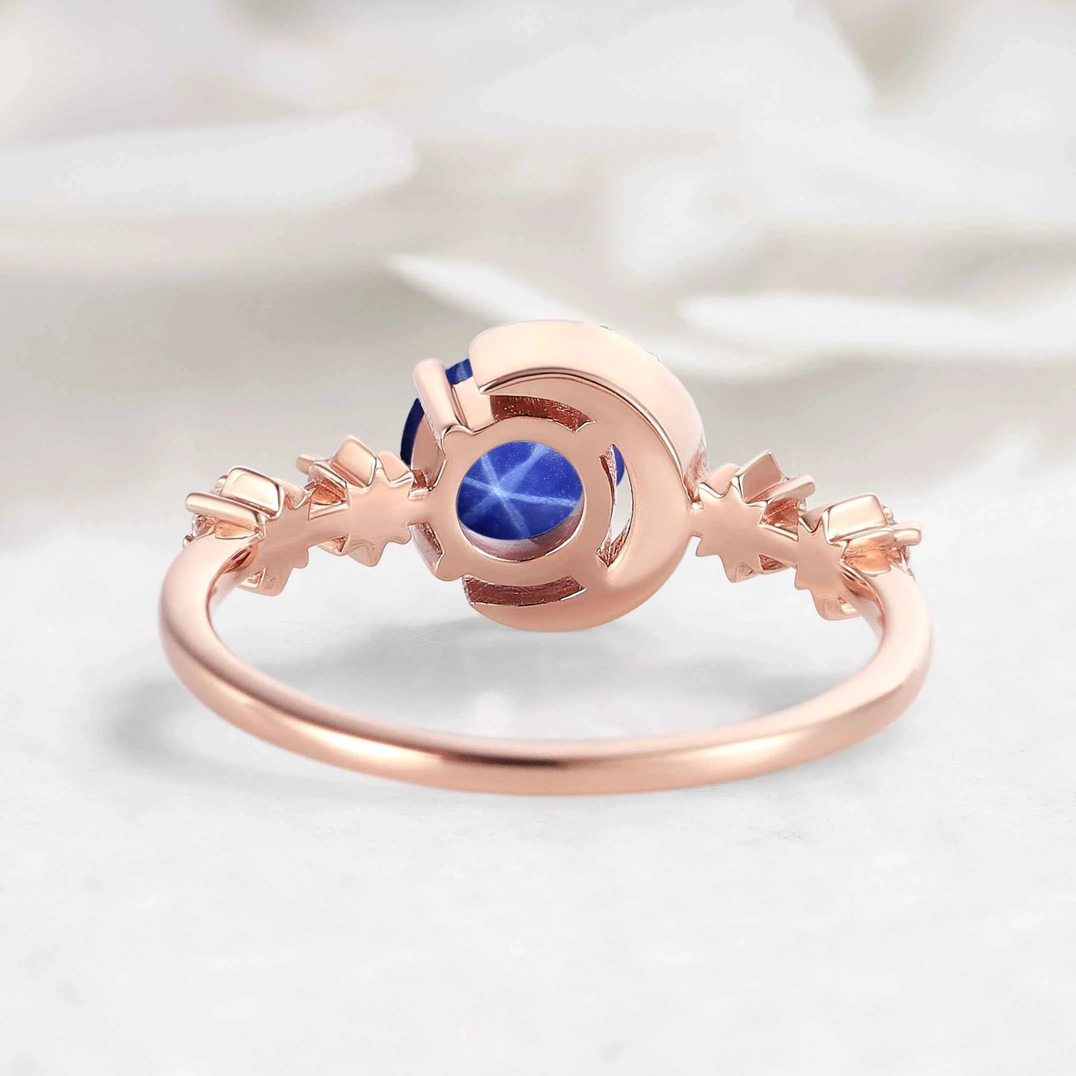 Star & Moon Inspired Custom Round Cut Star Sapphire Engagement Ring - Aurora
