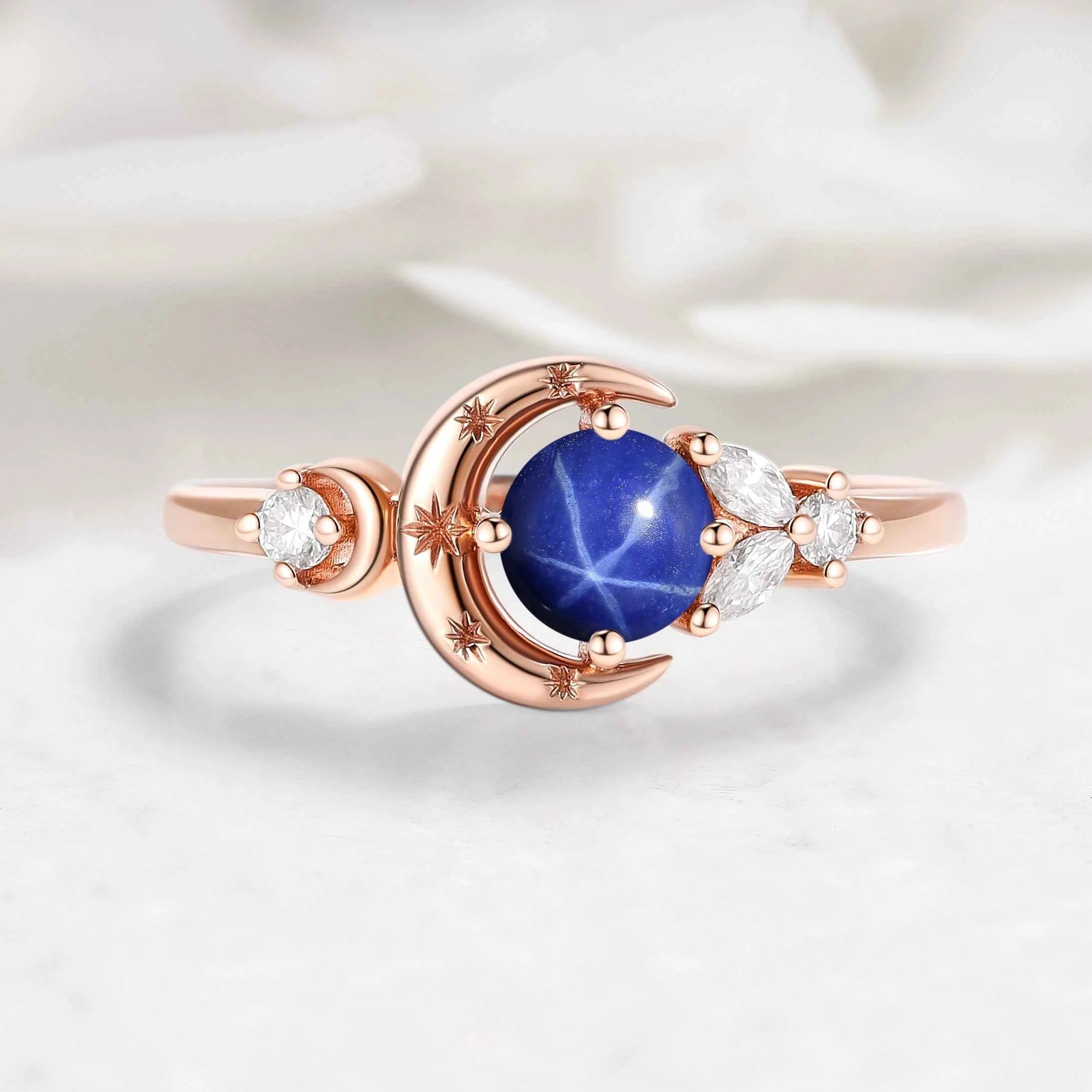 Star & Moon Inspired Engraved Star Sapphire Round Cut Engagement Ring - Celeste