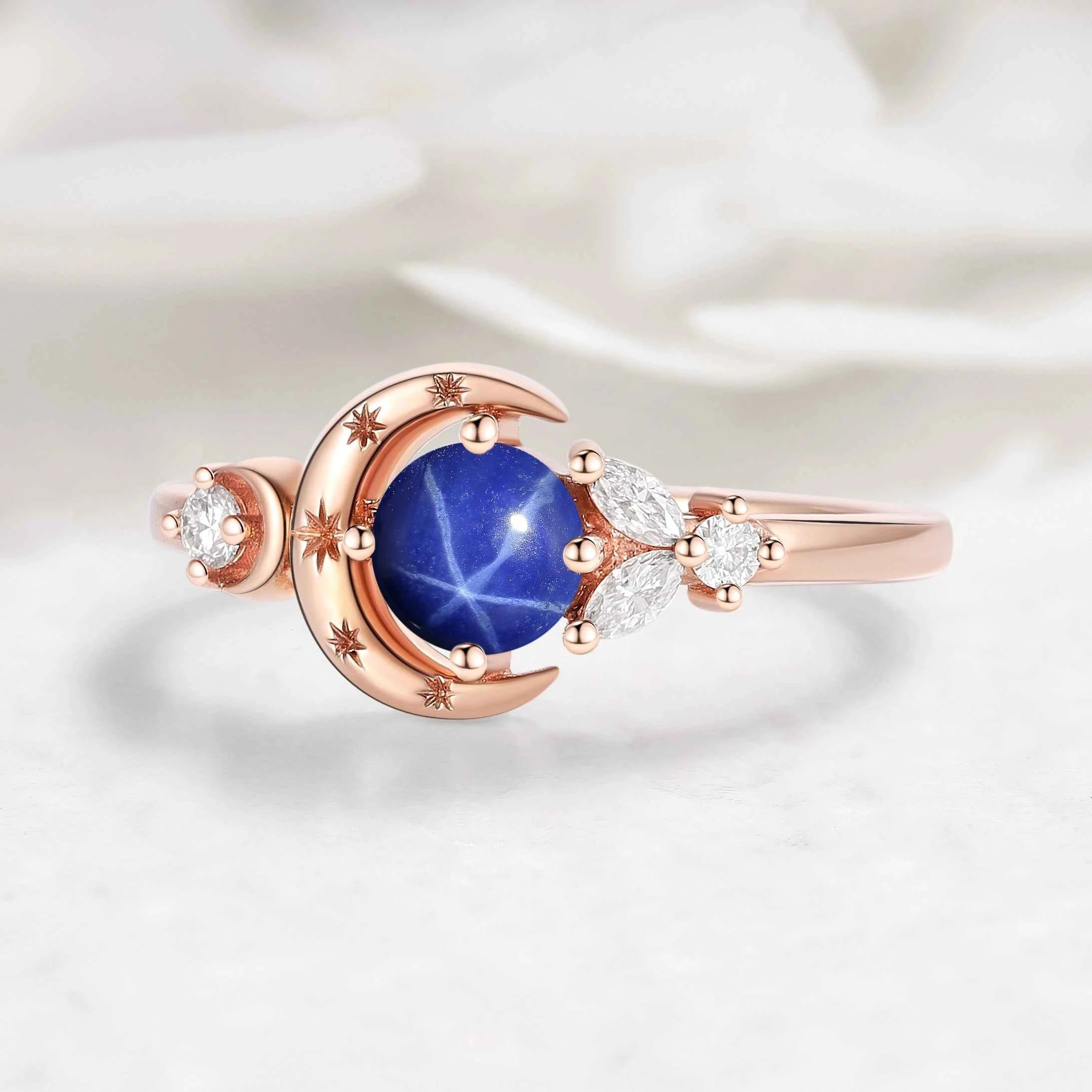 Star & Moon Inspired Engraved Star Sapphire Round Cut Engagement Ring - Celeste