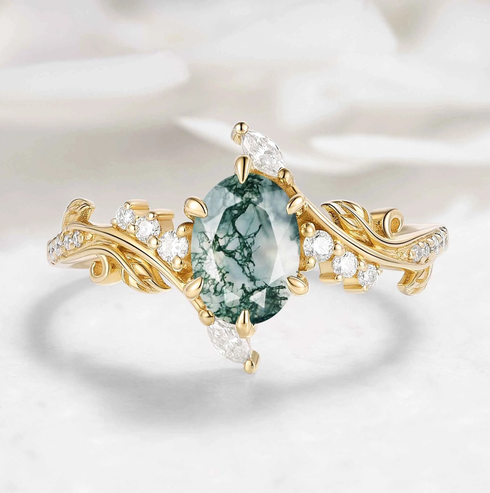Nature-Inspired Leaf Oval Cut Moss Agate Engagement Ring - Thalina