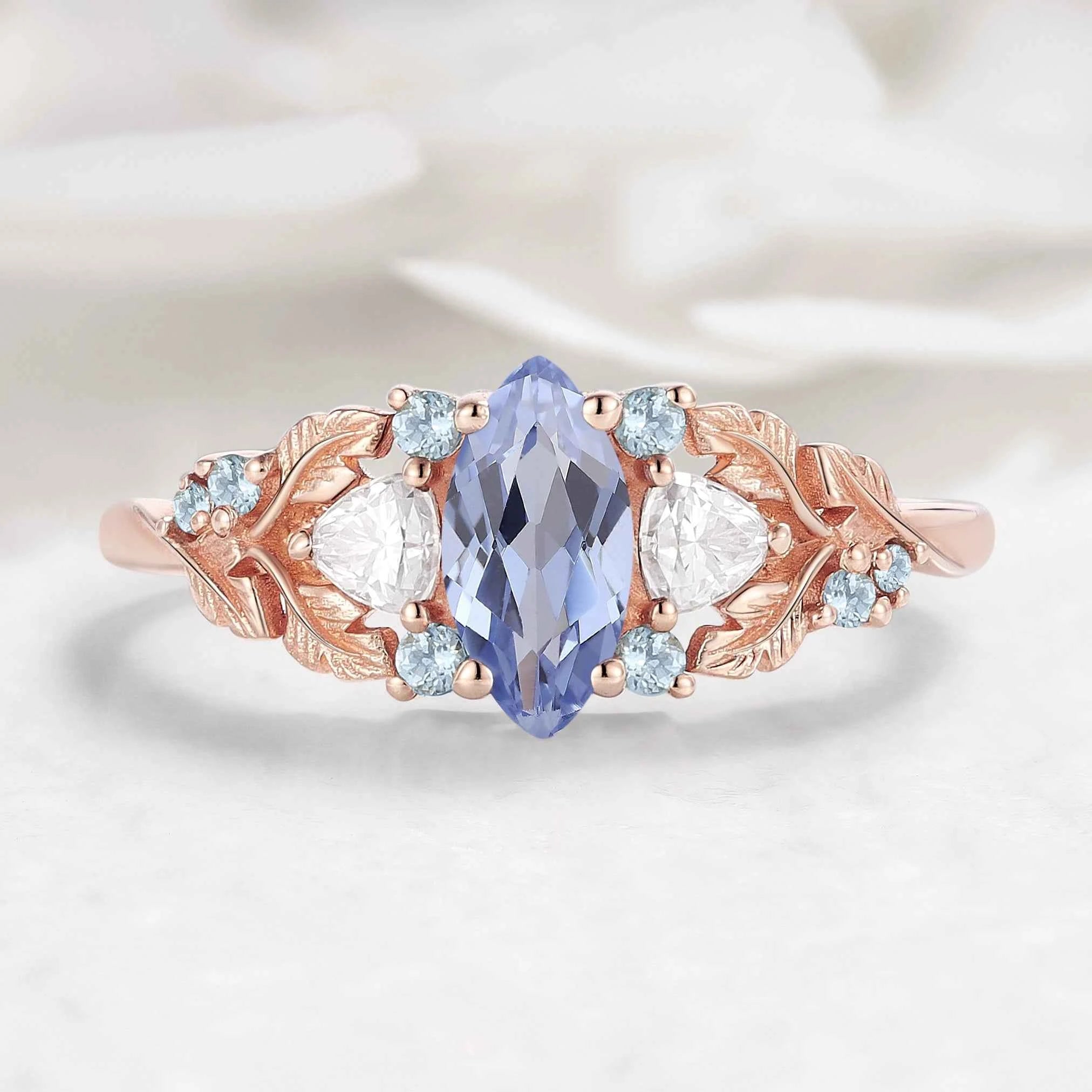 Nature Inspired Leaf Cornflower Sapphire Marquise Engagement Ring - Sylphira