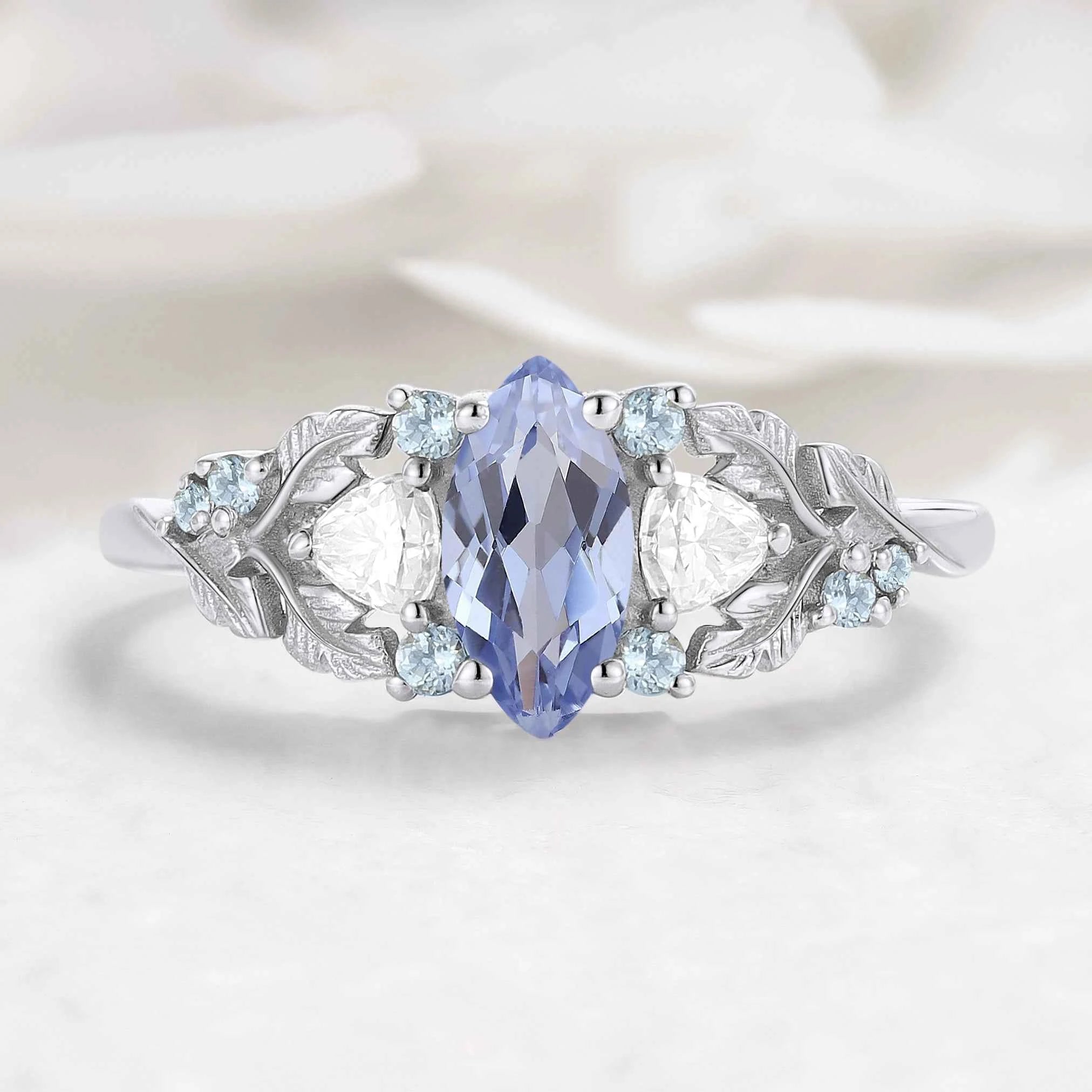 Nature Inspired Leaf Cornflower Sapphire Marquise Engagement Ring - Sylphira