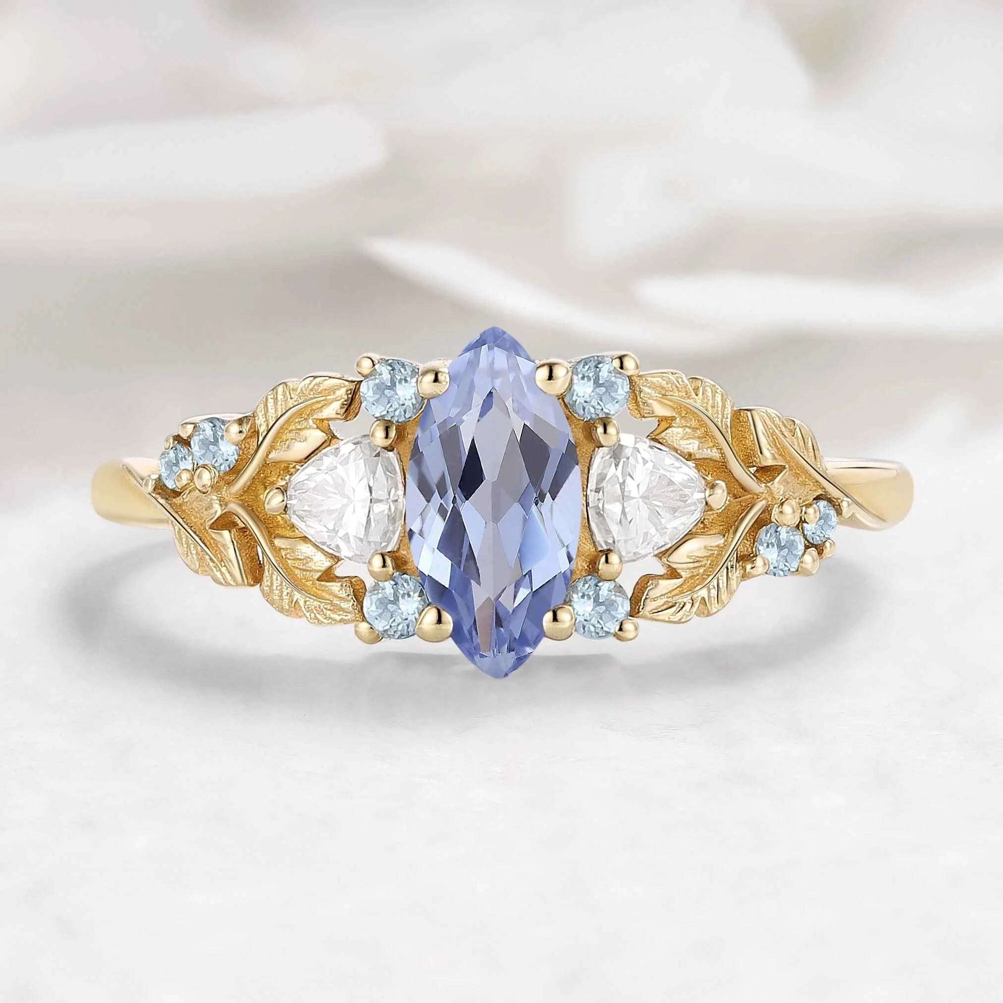 Nature Inspired Leaf Cornflower Sapphire Marquise Engagement Ring - Sylphira