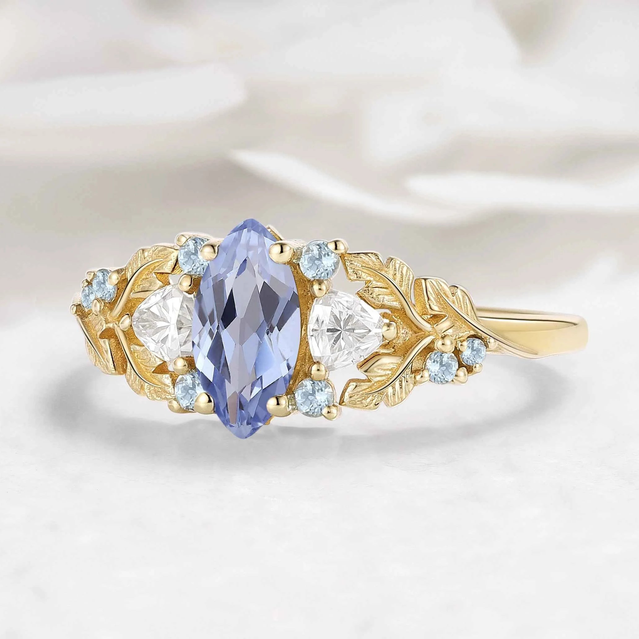 Nature Inspired Leaf Cornflower Sapphire Marquise Engagement Ring - Sylphira