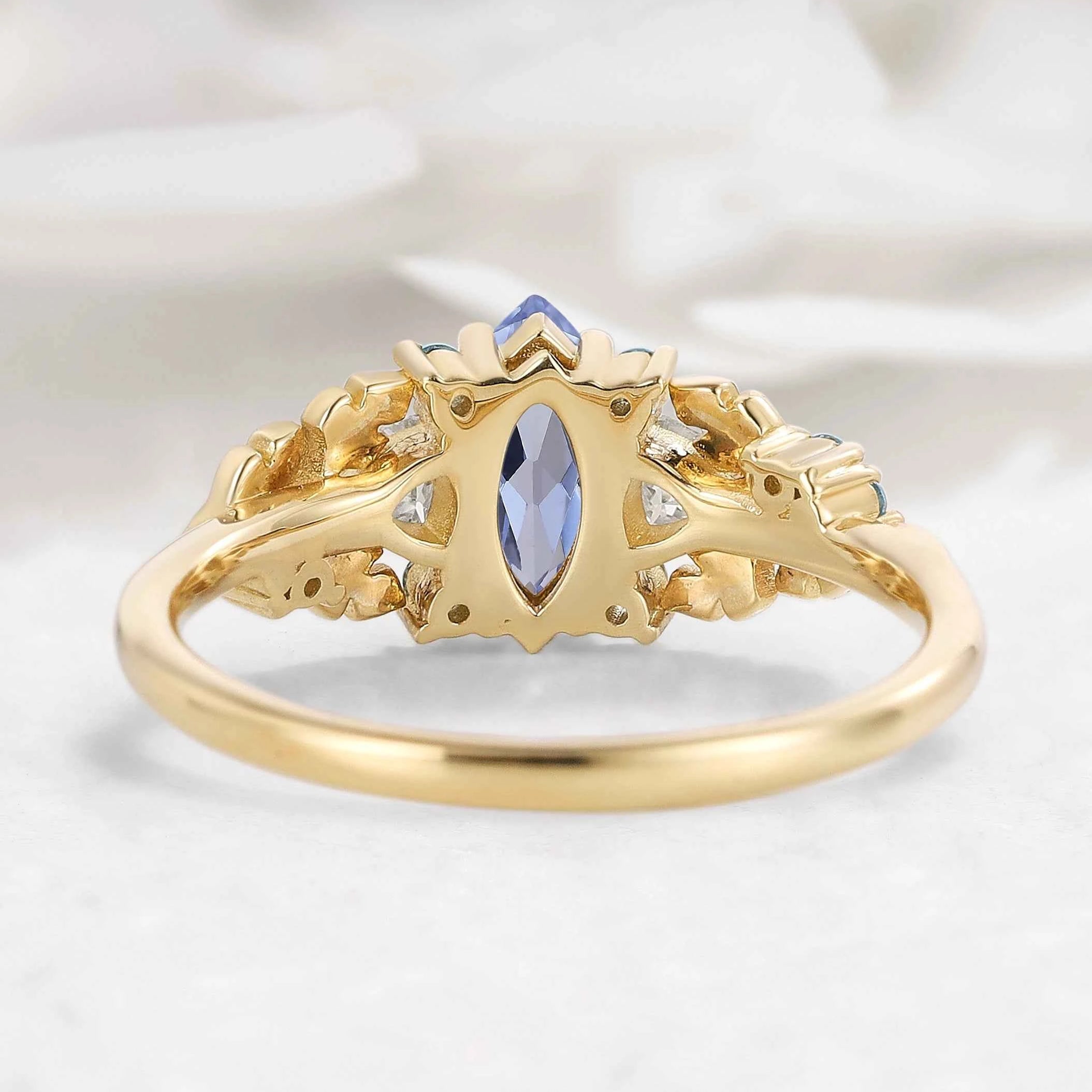 Nature Inspired Leaf Cornflower Sapphire Marquise Engagement Ring - Sylphira