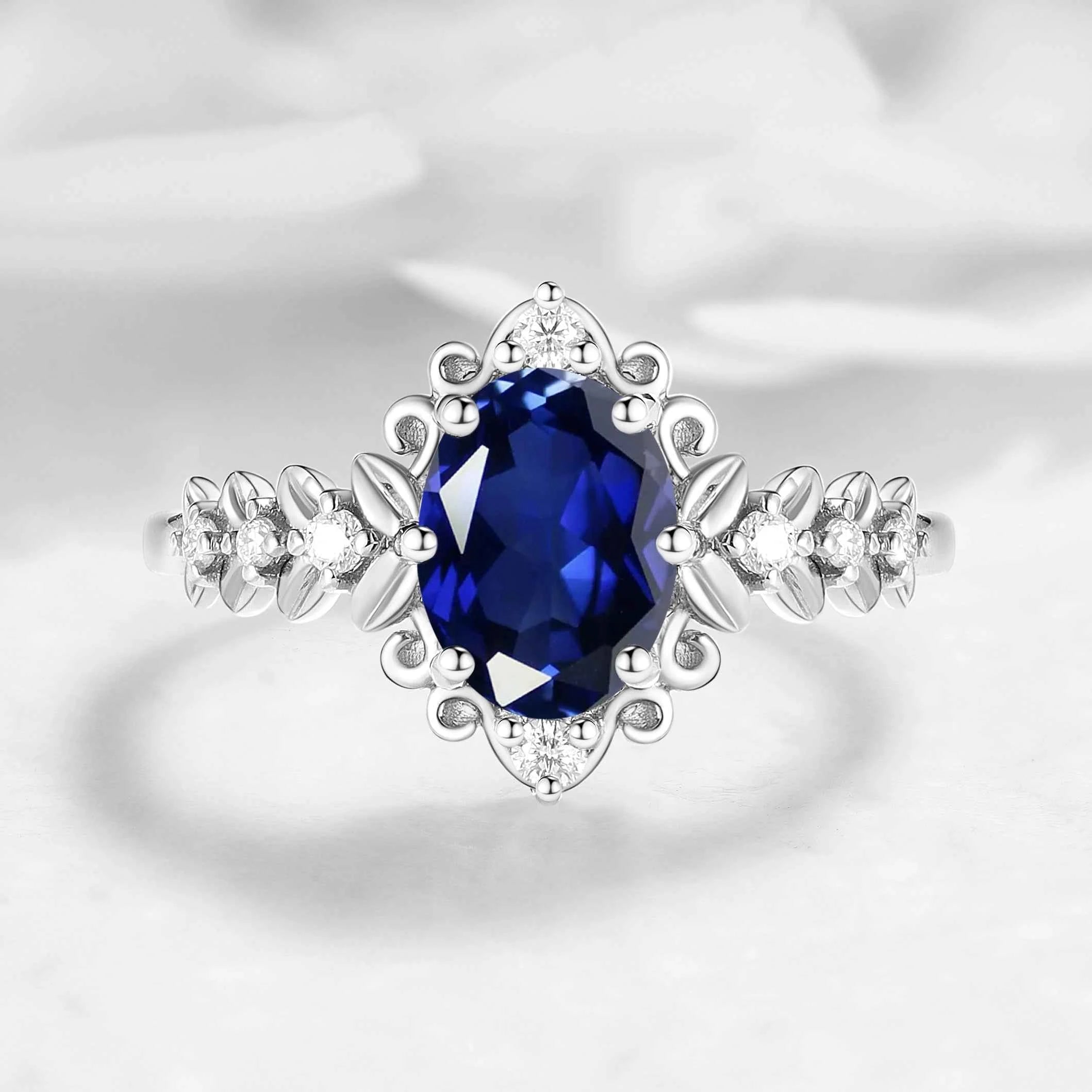 Vintage Leaf Oval Royal Blue Sapphire Engagement Ring - Isolde