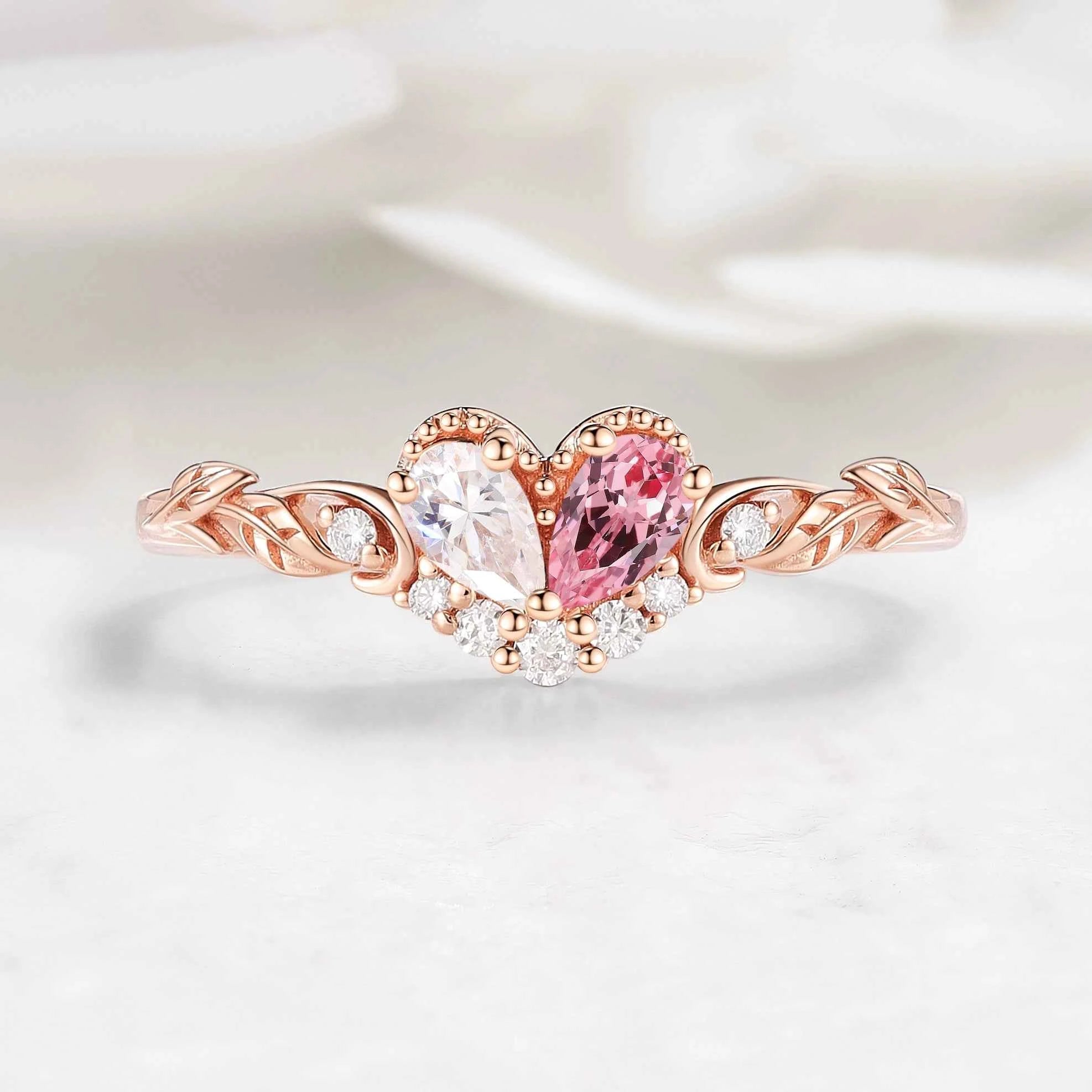 Blush Unity Heart Ring – Pear Cut Moissanite & Pink Sapphire Leaf Inspired Custom Love Ring