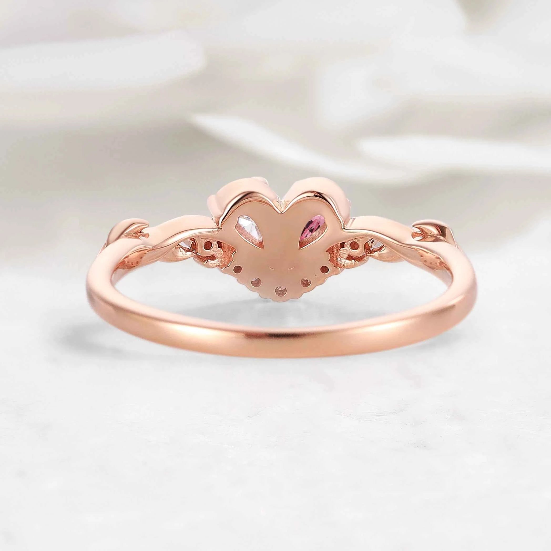 Blush Unity Heart Ring – Pear Cut Moissanite & Pink Sapphire Leaf Inspired Custom Love Ring