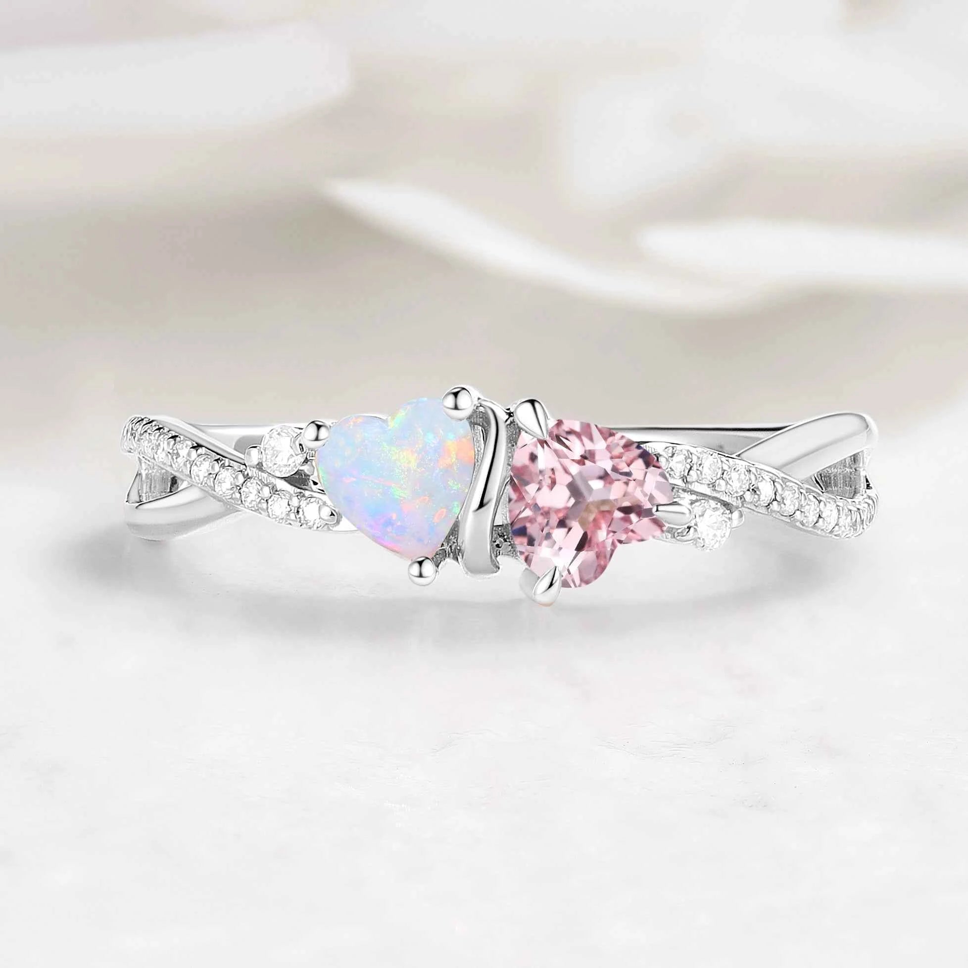 Intertwined Hearts Ring – Double Heart Stone Crossover Band Custom Love Ring