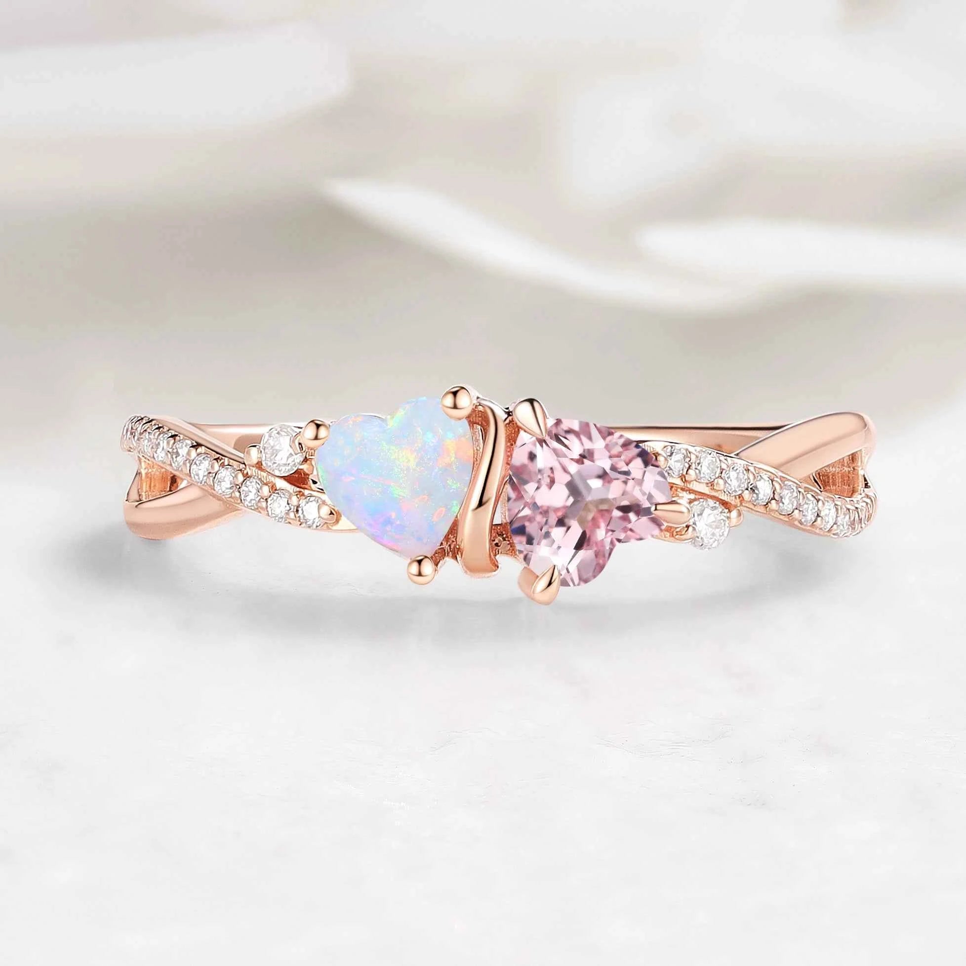 Intertwined Hearts Ring – Double Heart Stone Crossover Band Custom Love Ring