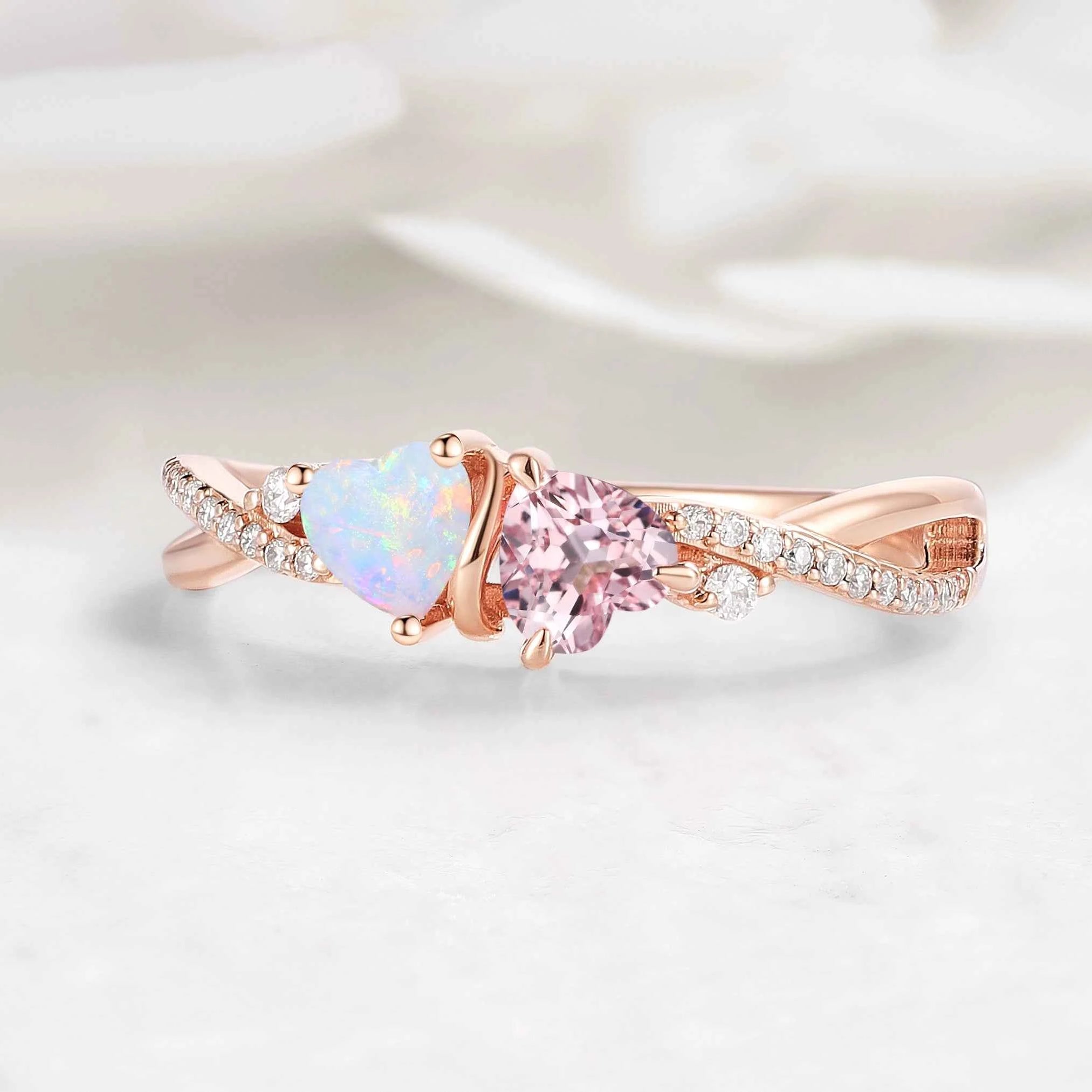 Intertwined Hearts Ring – Double Heart Stone Crossover Band Custom Love Ring