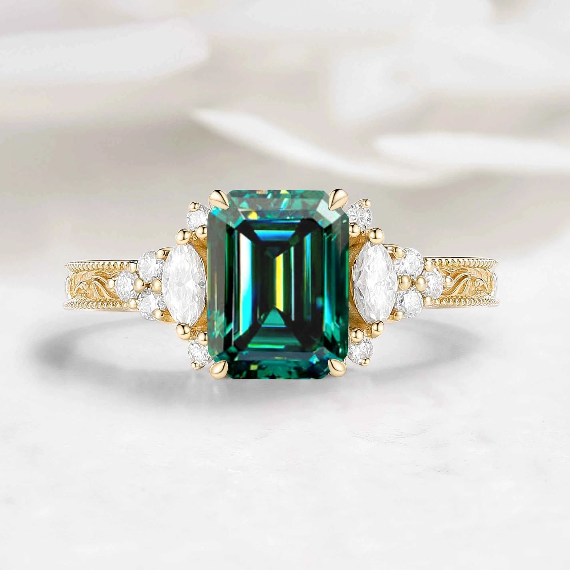 Vintage Leaf Bezel Design Emerald Cut Green Moissanite Engagement Ring - Evelyn