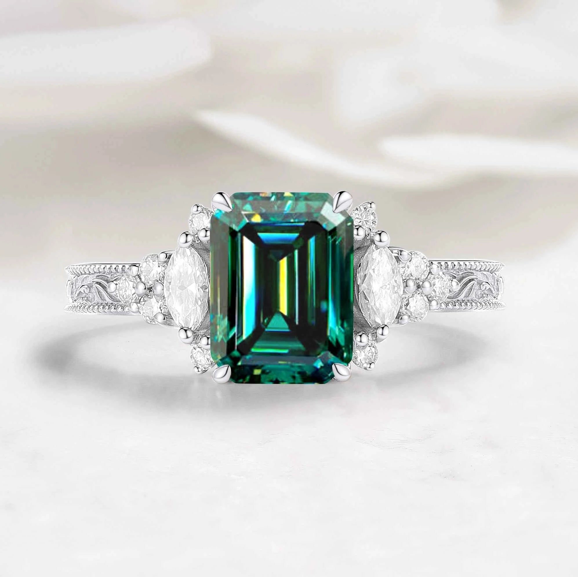 Vintage Leaf Bezel Design Emerald Cut Green Moissanite Engagement Ring - Evelyn