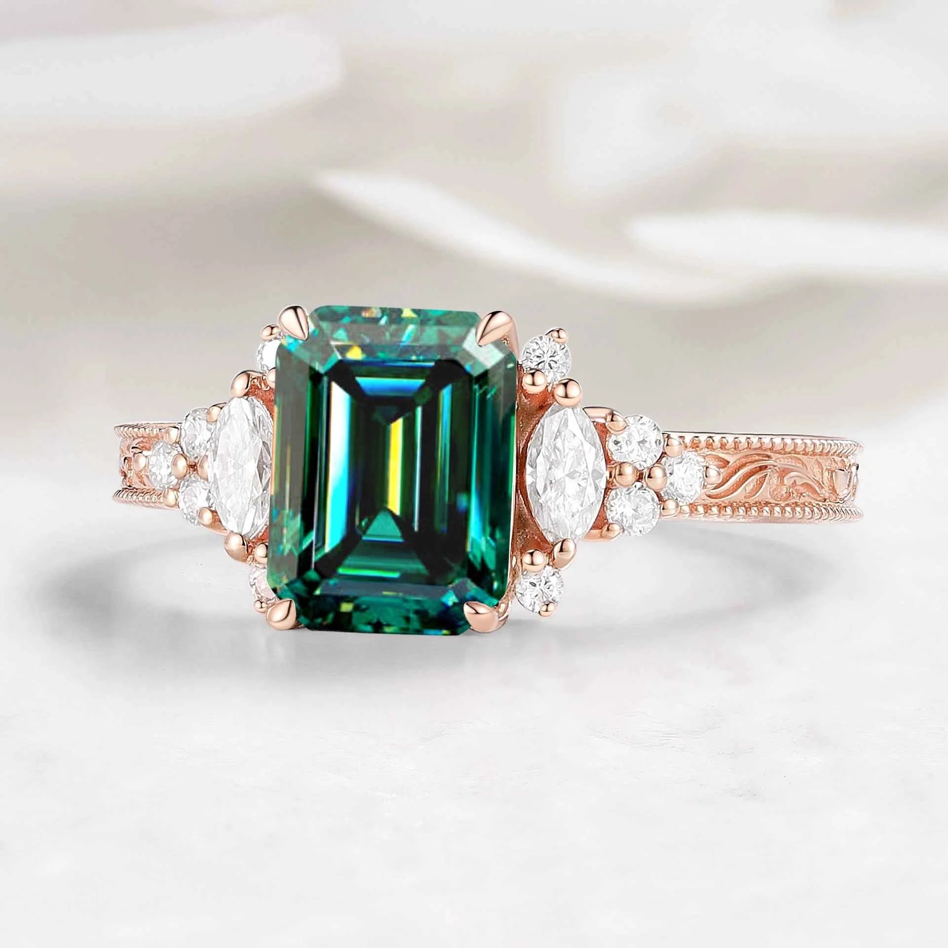 Vintage Leaf Bezel Design Emerald Cut Green Moissanite Engagement Ring - Evelyn