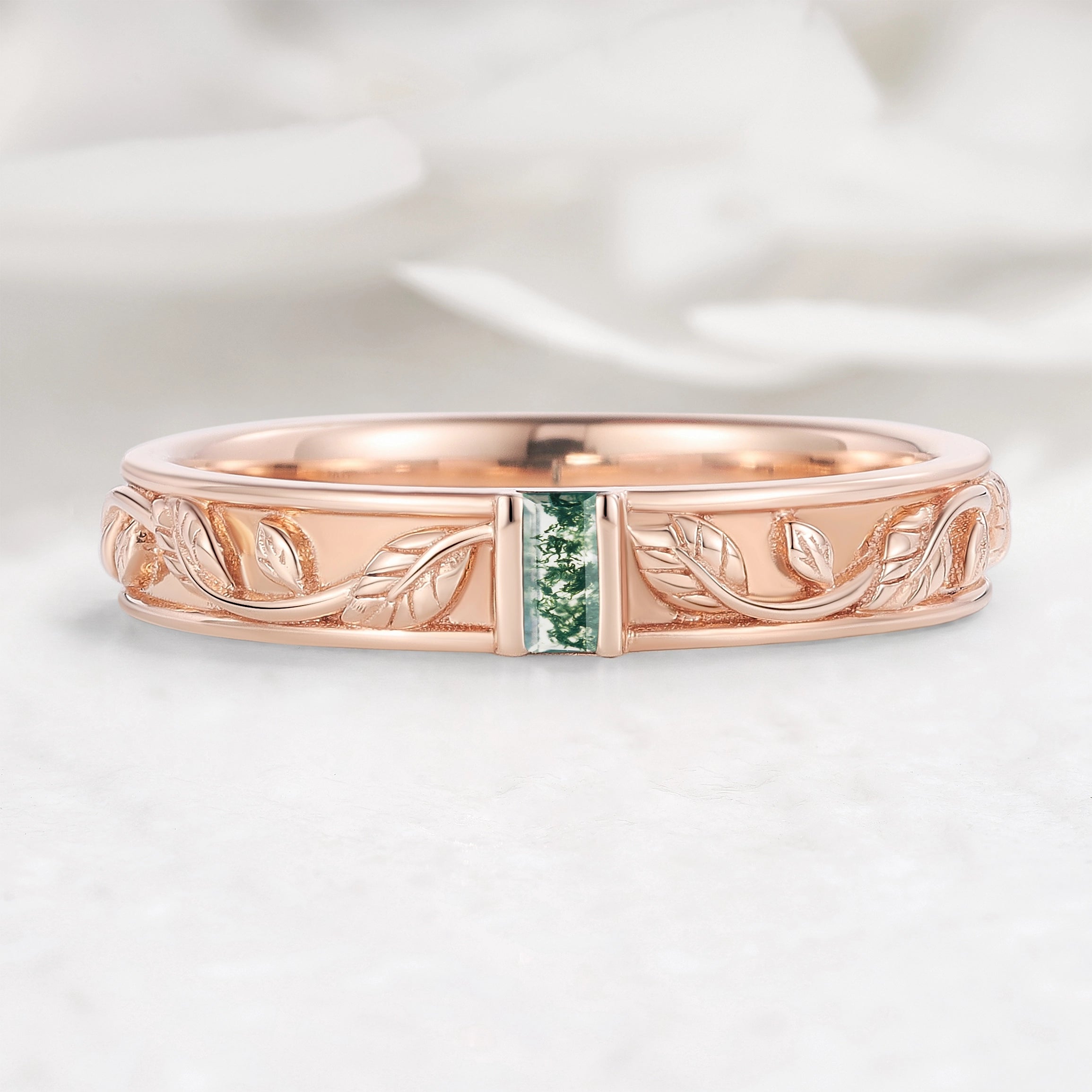 Nature-Inspired Leaf Moss Agate Men’s Wedding Band - Cedar