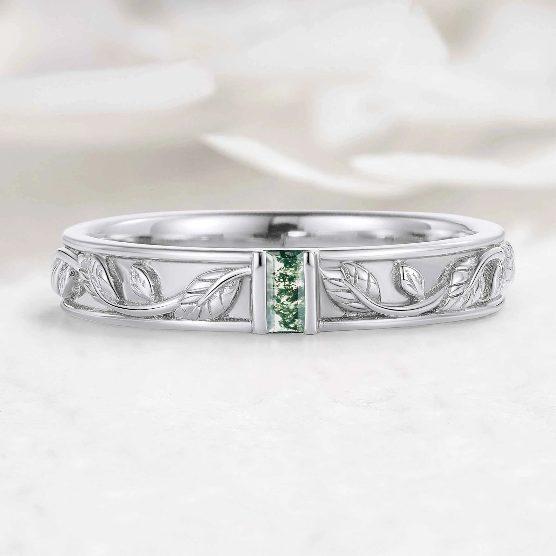 Nature-Inspired Leaf Moss Agate Men’s Wedding Band - Cedar