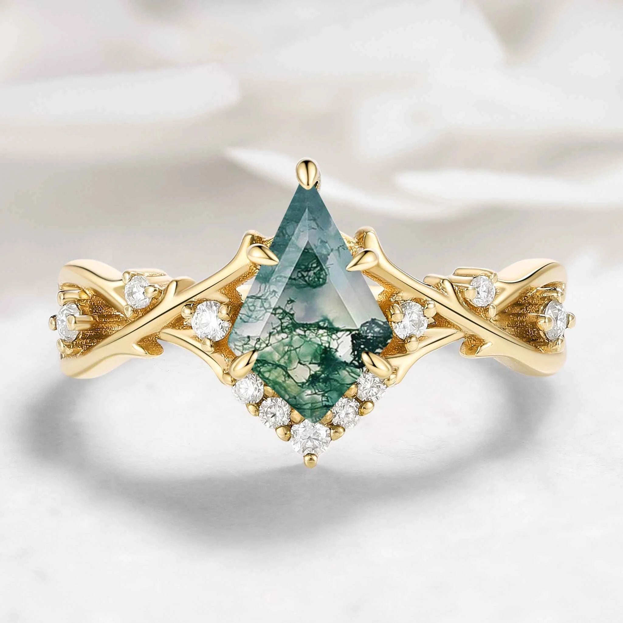 Nature-inspired Branch Kite Cut Moss Agate Engagement Ring