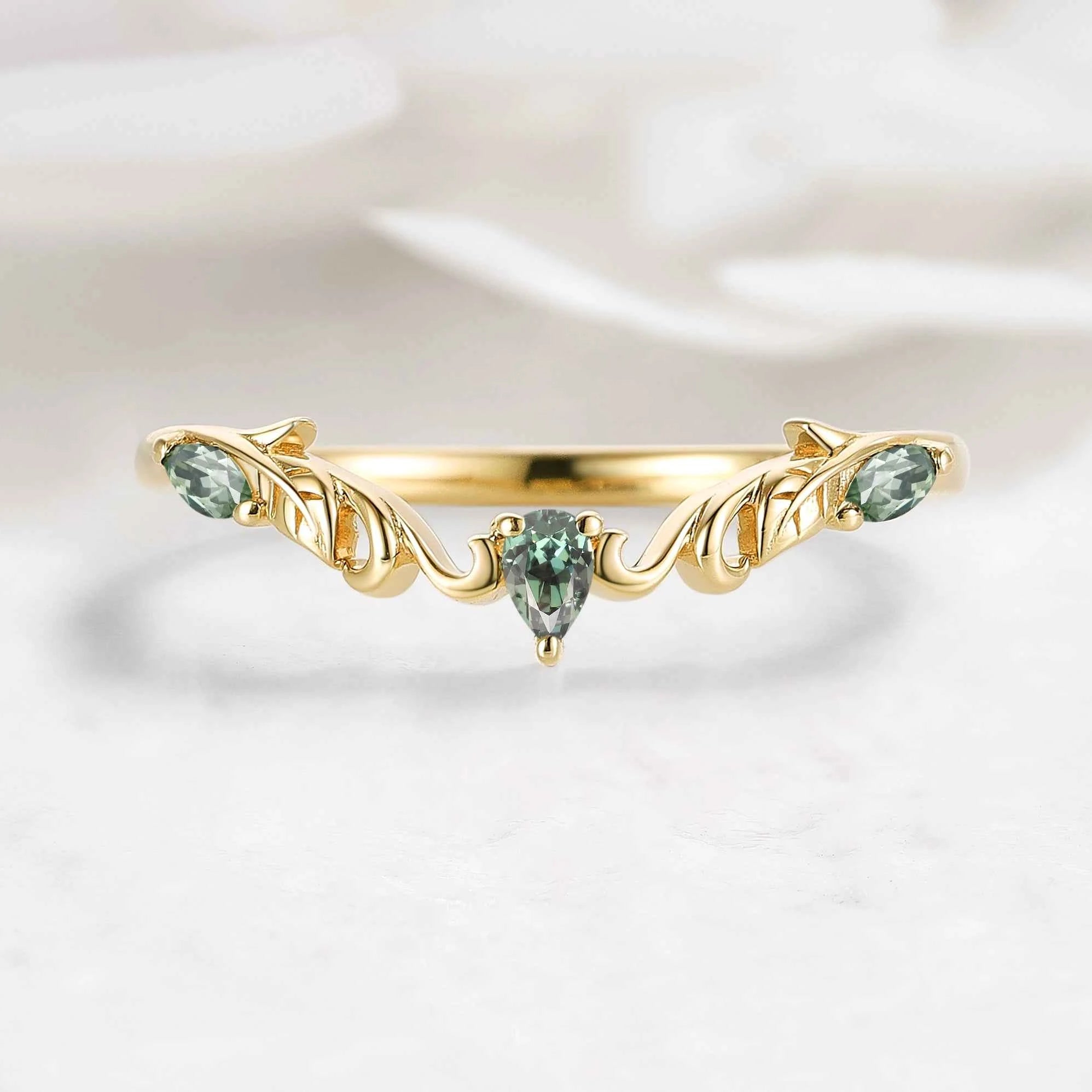 Nature Inspired V-Shaped Natural Green Sapphire Leaf & Vine Wedding Band - Elena