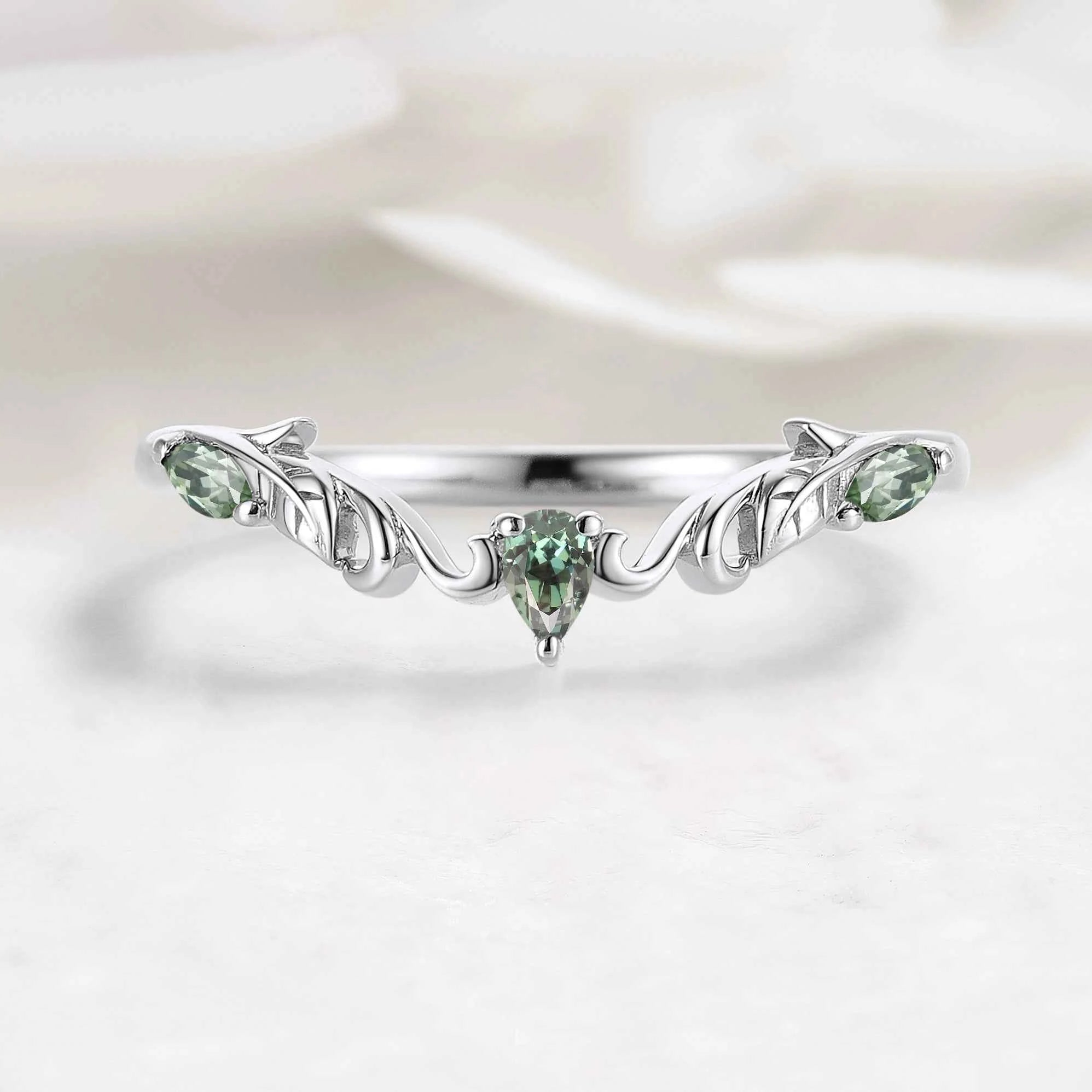 Nature Inspired V-Shaped Natural Green Sapphire Leaf & Vine Wedding Band - Elena