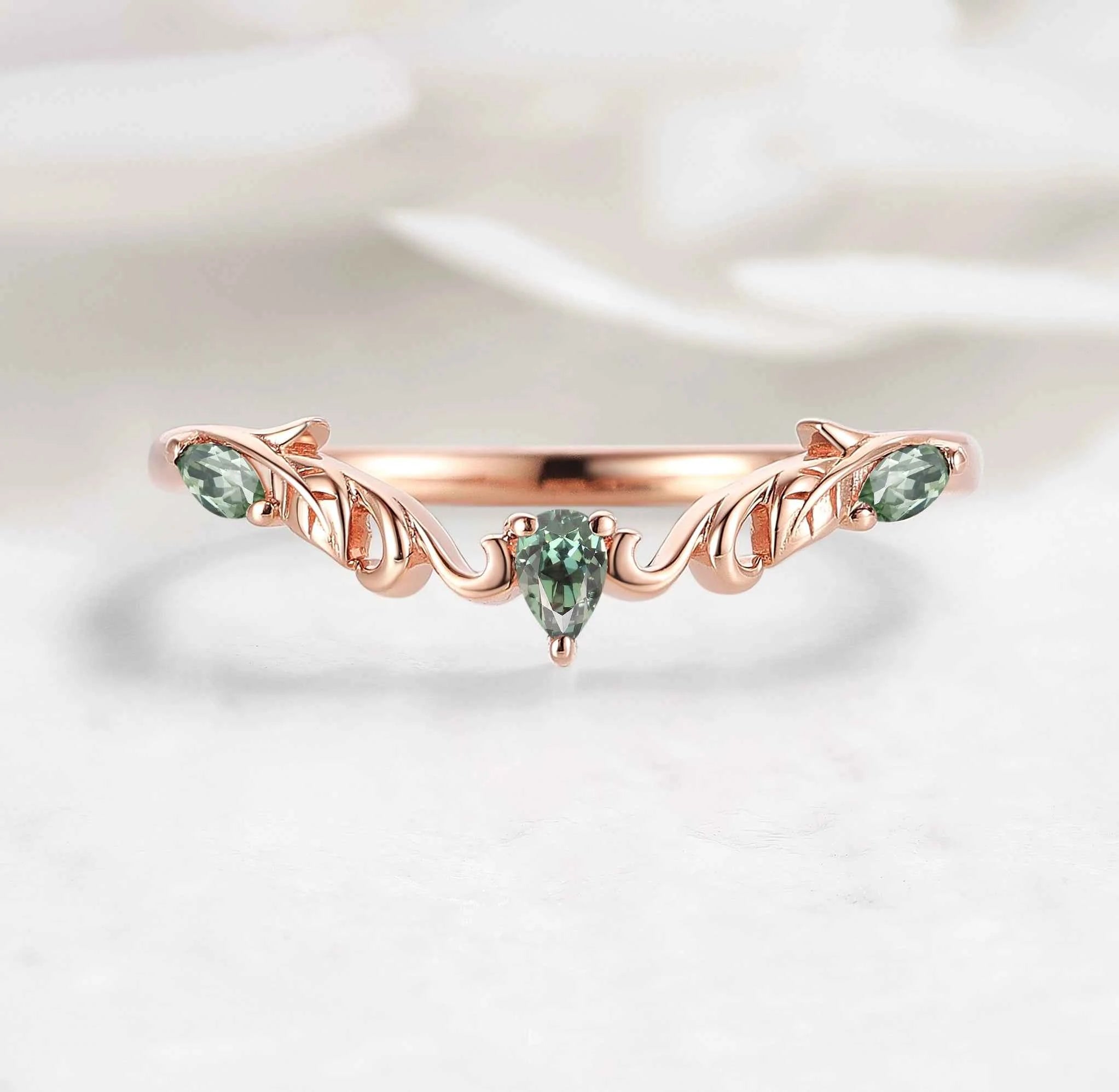 Nature Inspired V-Shaped Natural Green Sapphire Leaf & Vine Wedding Band - Elena