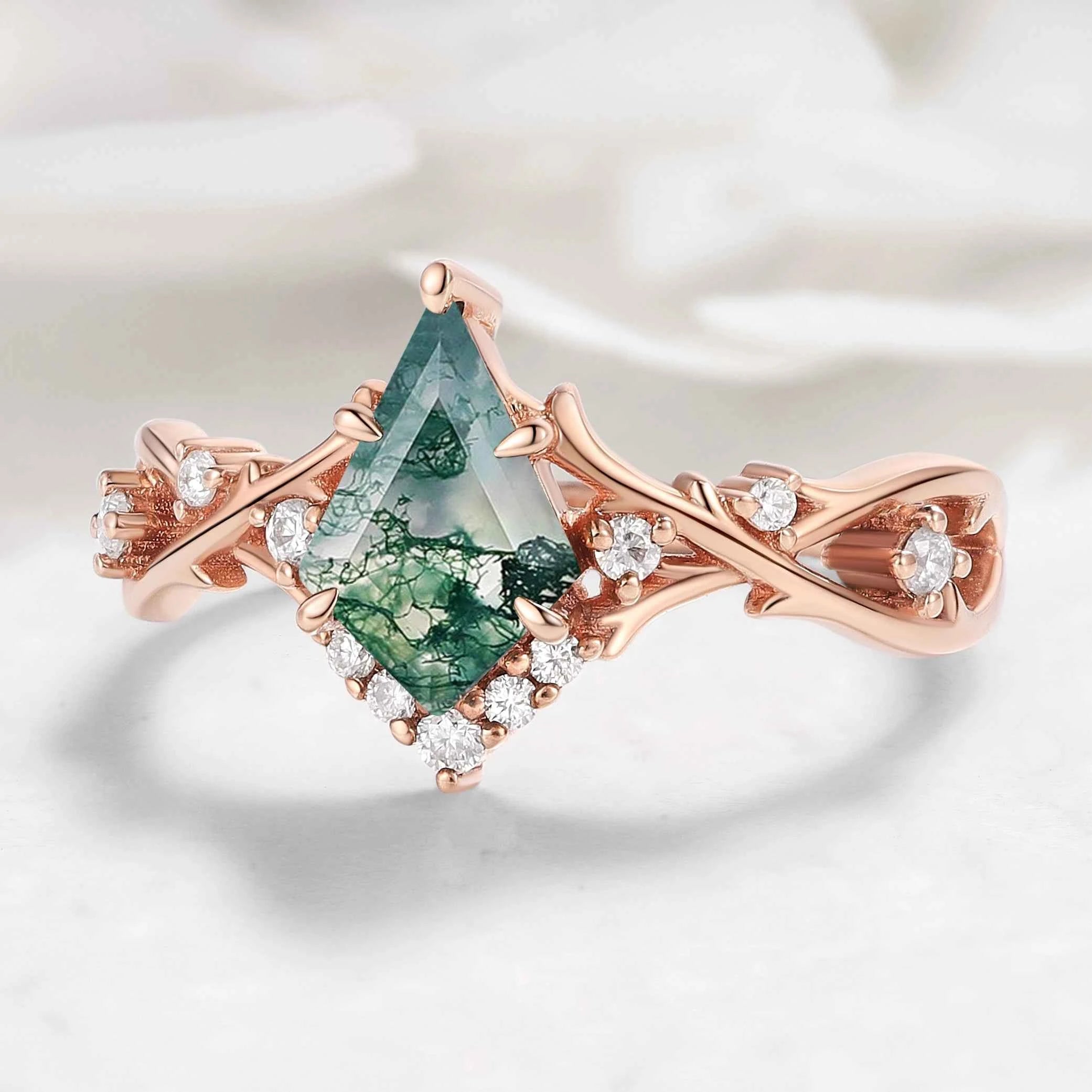 Nature-inspired Branch Kite Cut Moss Agate Engagement Ring