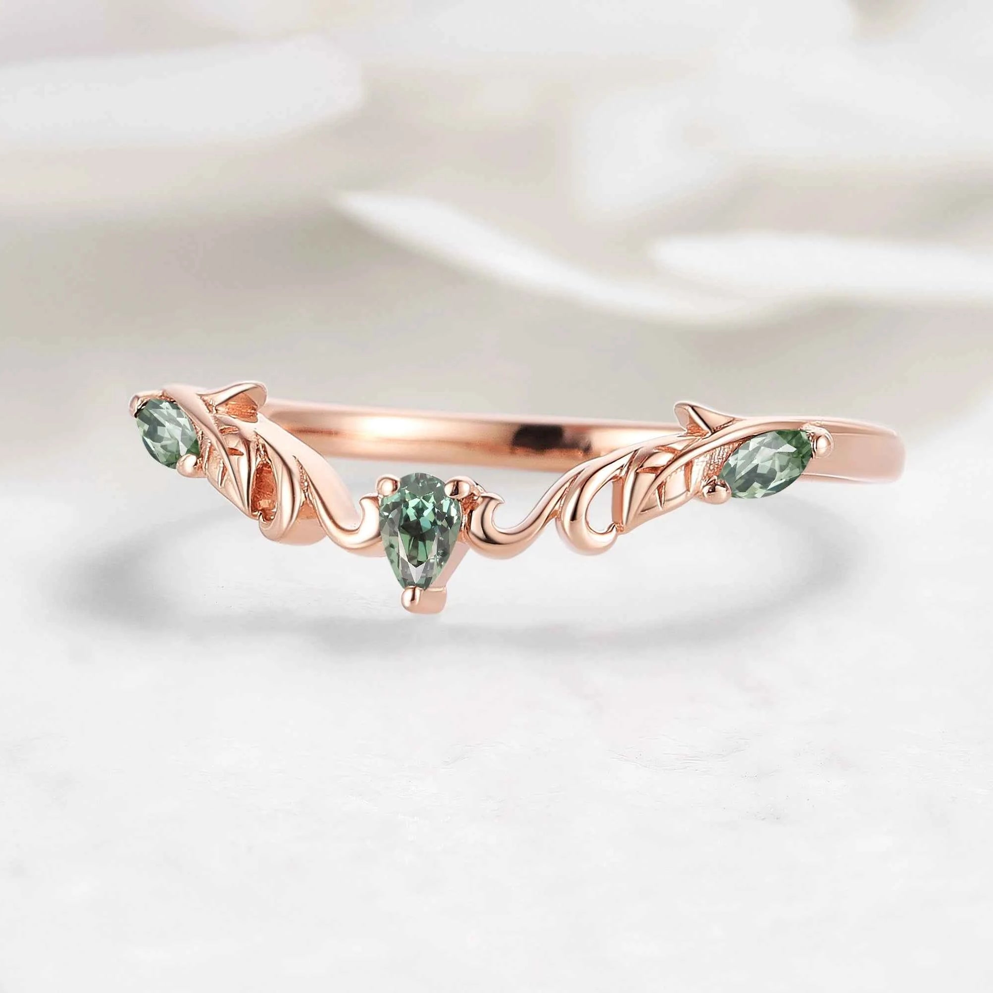 Nature Inspired V-Shaped Natural Green Sapphire Leaf & Vine Wedding Band - Elena