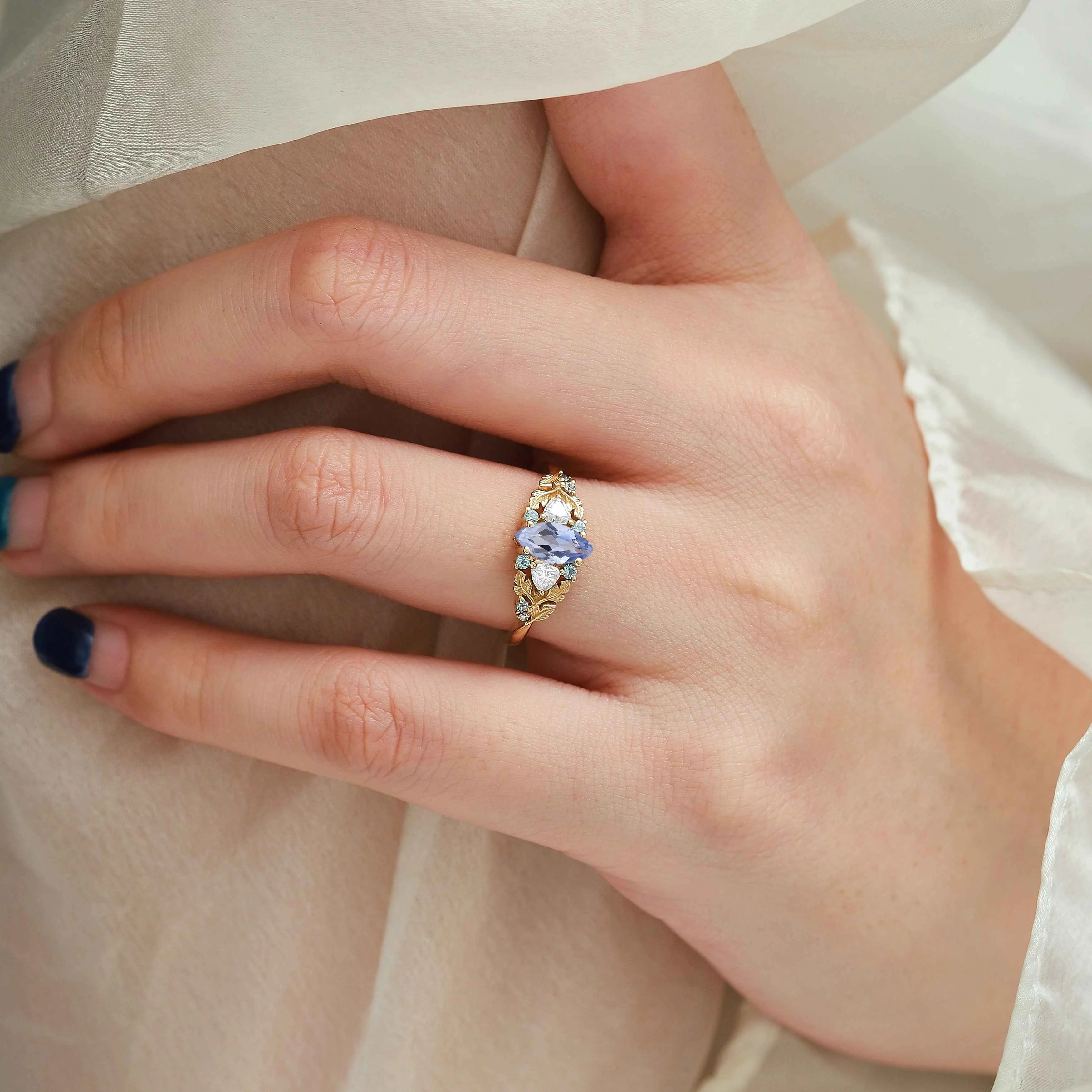 Nature Inspired Leaf Cornflower Sapphire Marquise Engagement Ring - Sylphira
