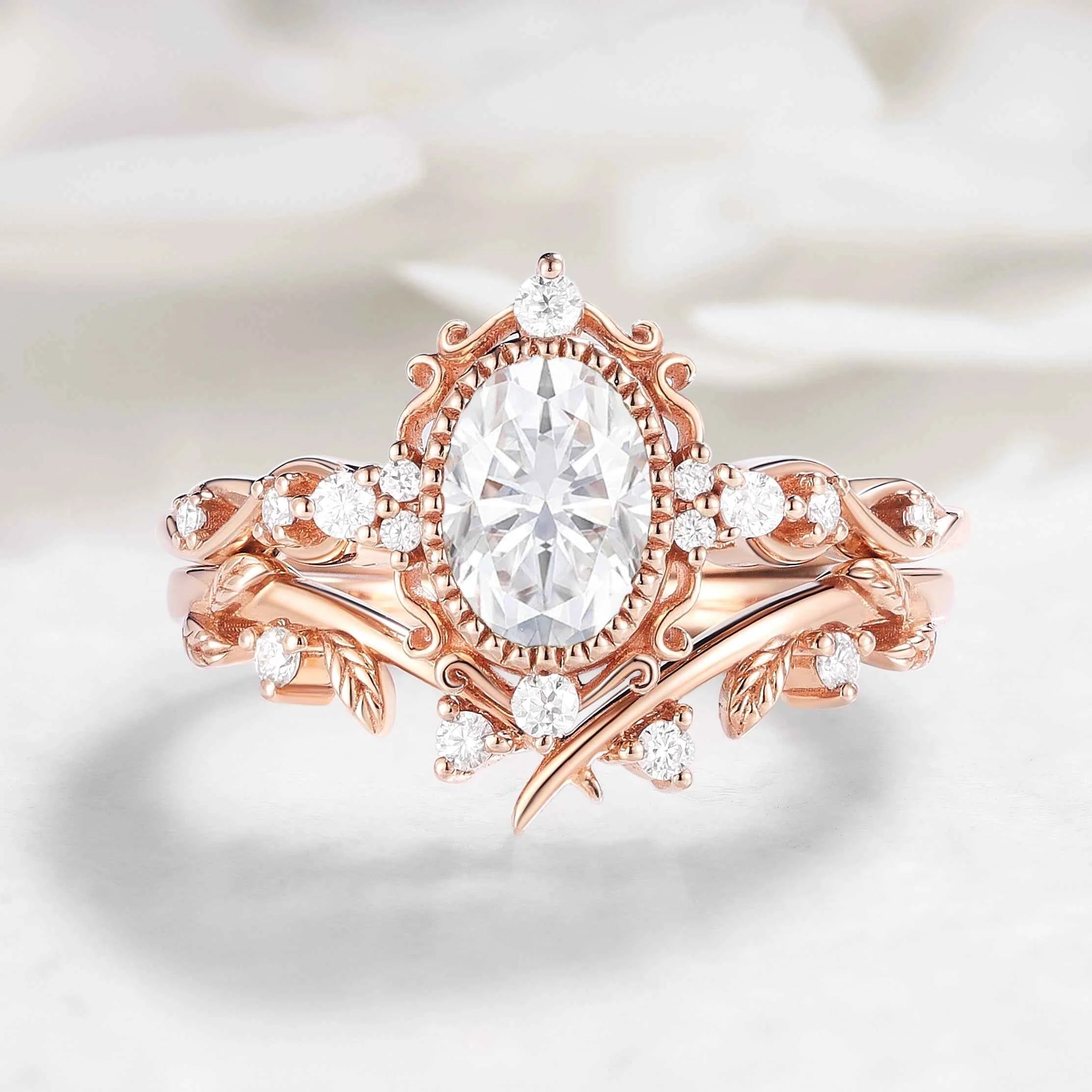 Signature Vintage Oval Shaped Moissanite Engagement Ring With Leaf Wedding Band