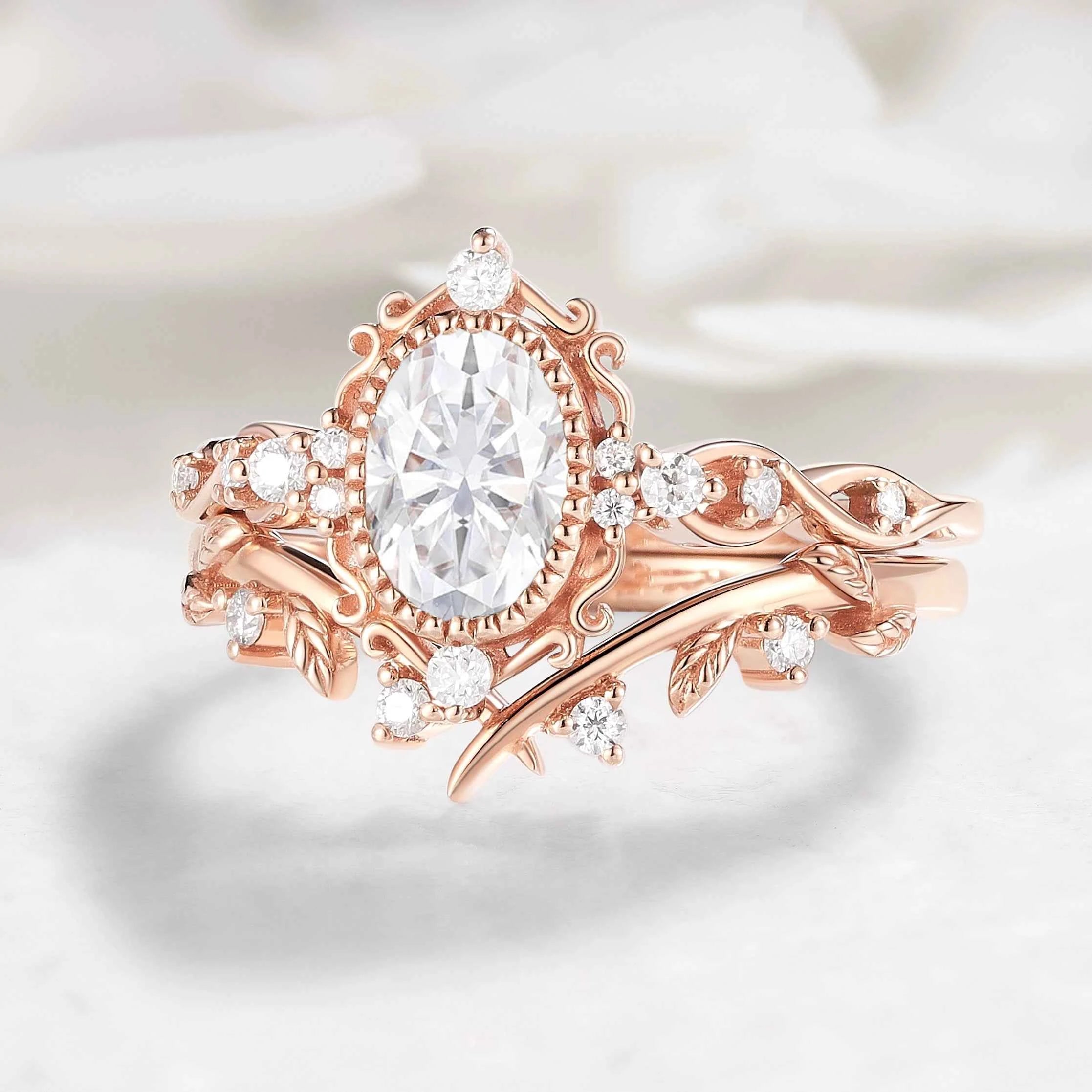 Signature Vintage Oval Shaped Moissanite Engagement Ring With Leaf Wedding Band