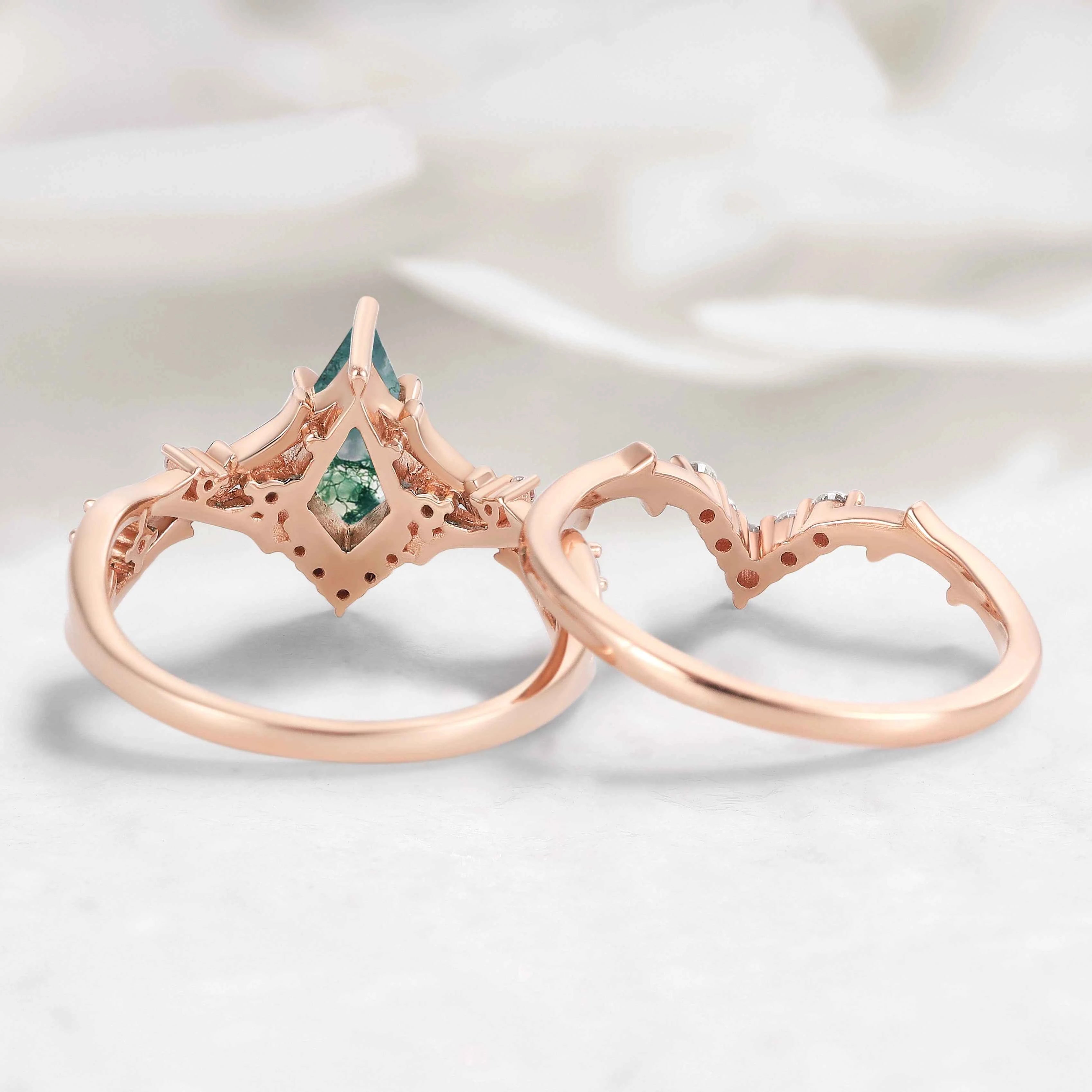 Nature-inspired Branch Kite Cut Moss Agate Engagement Ring Set