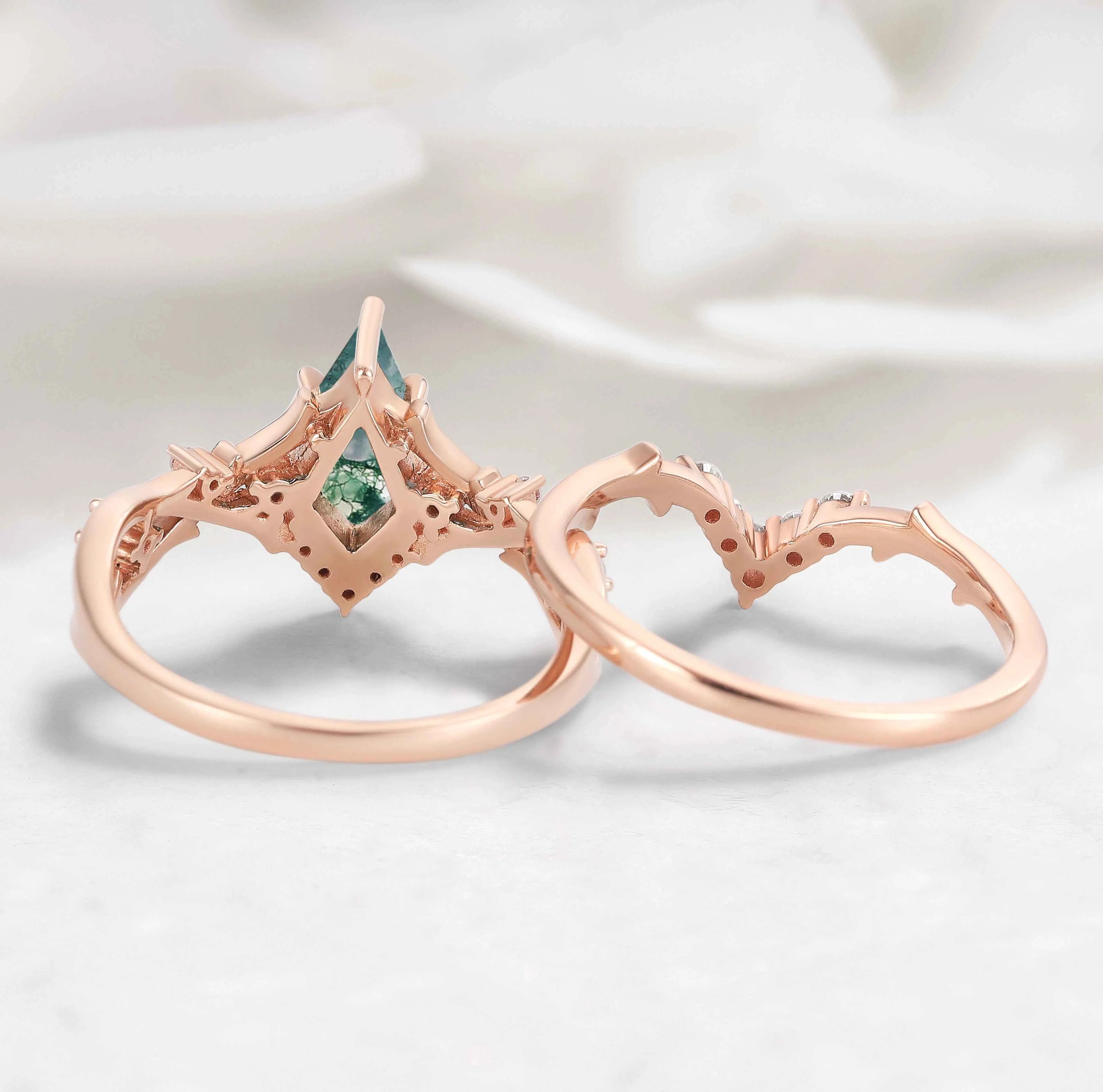 Nature-inspired Branch Kite Cut Moss Agate Engagement Ring Set