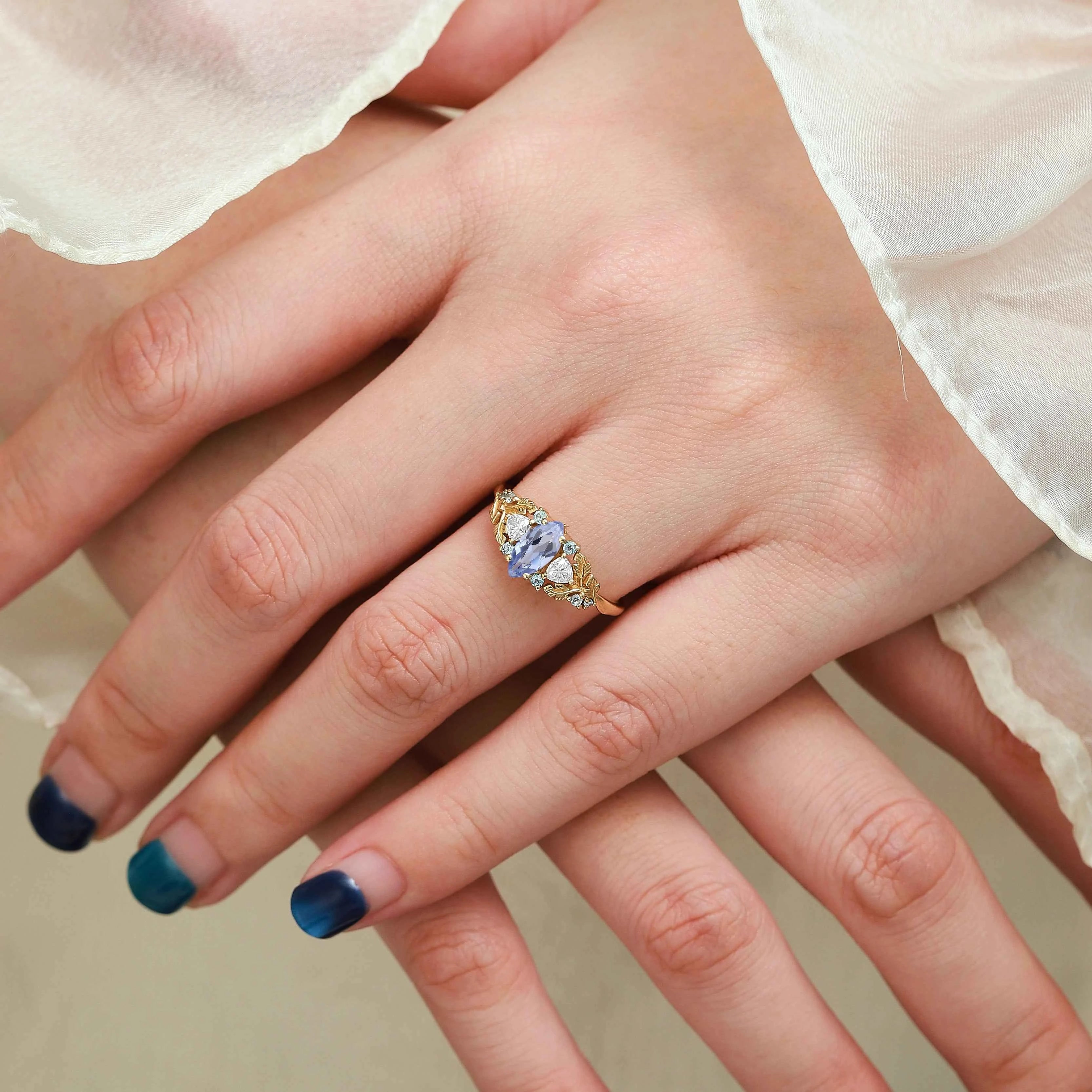 Nature Inspired Leaf Cornflower Sapphire Marquise Engagement Ring - Sylphira