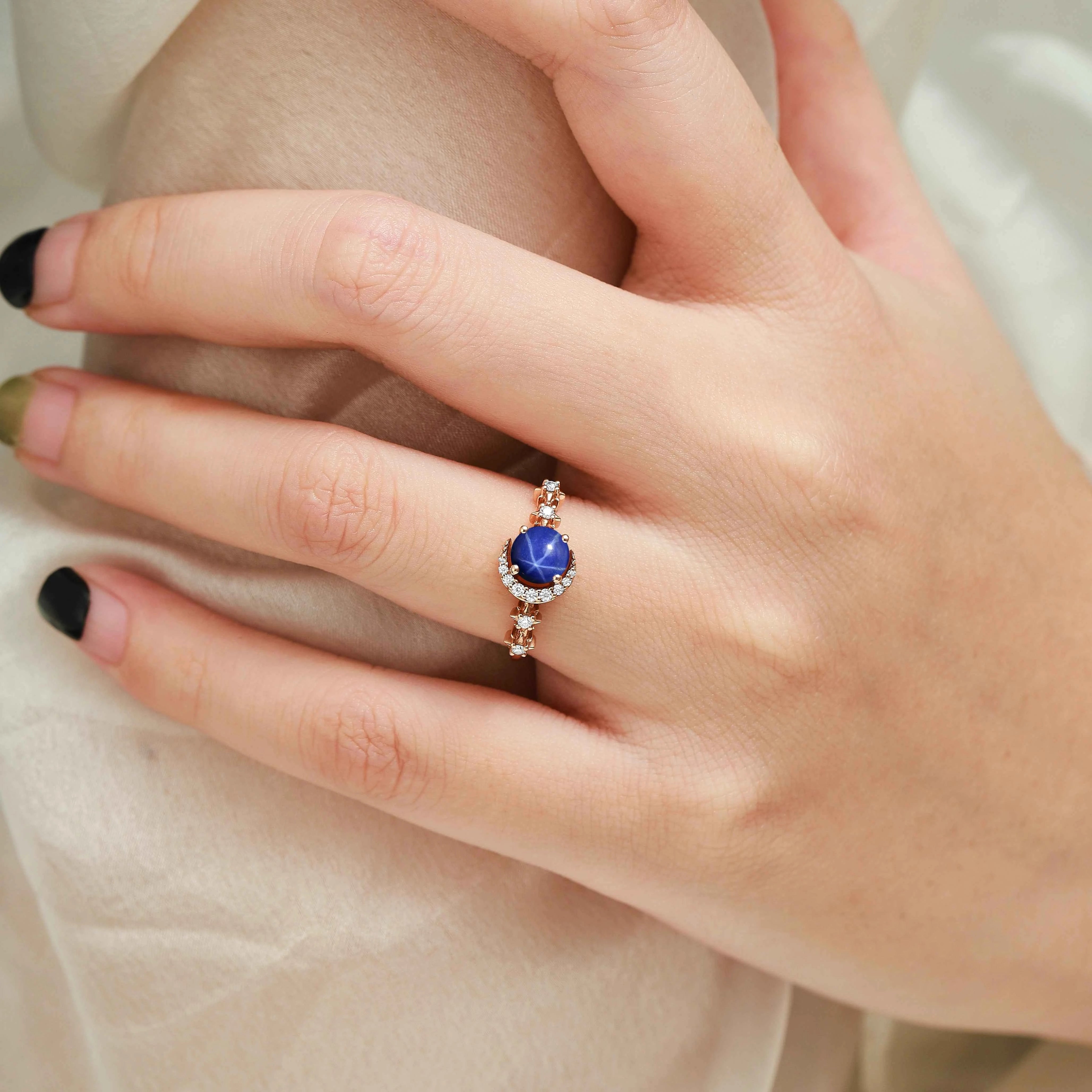 Star & Moon Inspired Custom Round Cut Star Sapphire Engagement Ring - Aurora