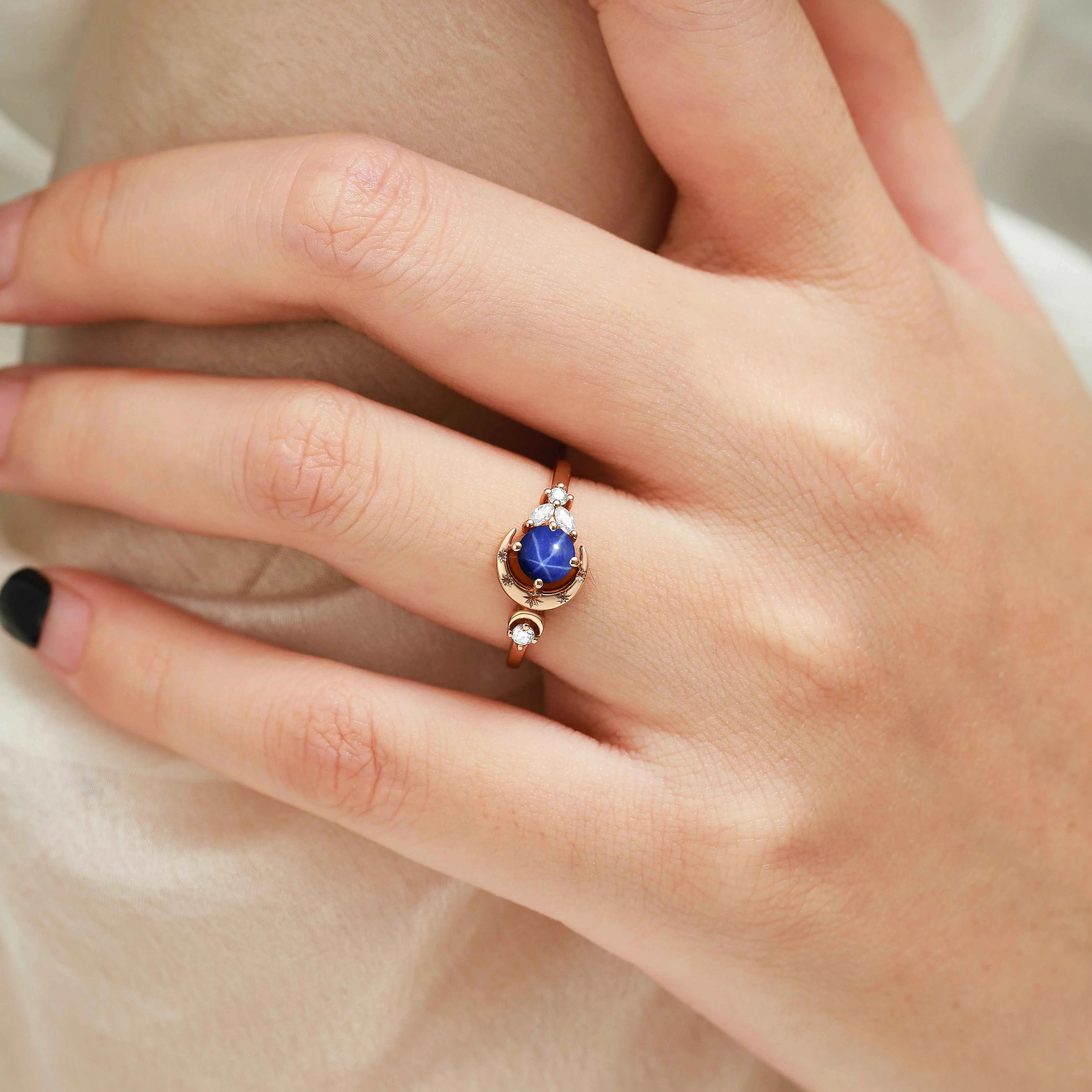 Star & Moon Inspired Engraved Star Sapphire Round Cut Engagement Ring - Celeste