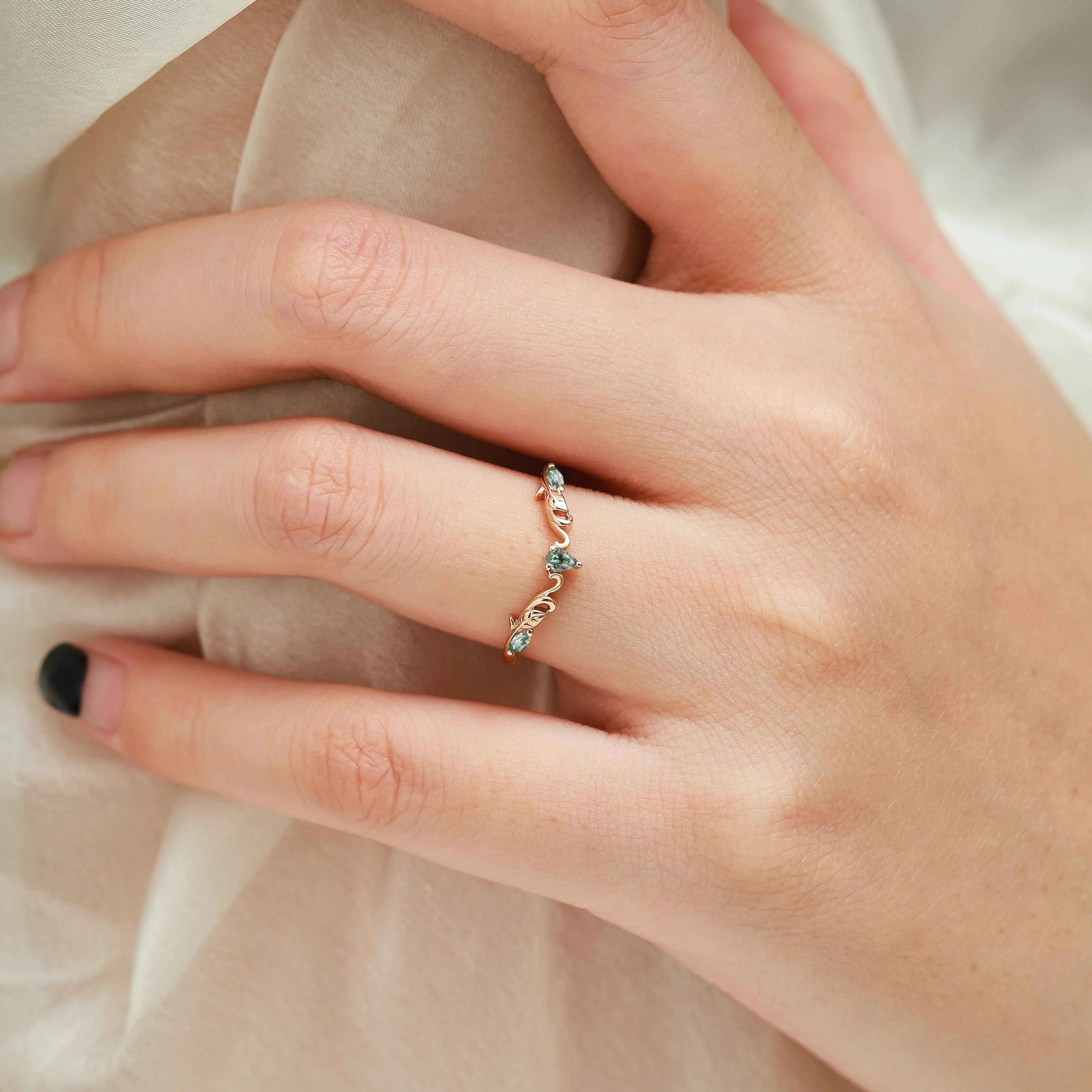 Nature Inspired V-Shaped Natural Green Sapphire Leaf & Vine Wedding Band - Elena