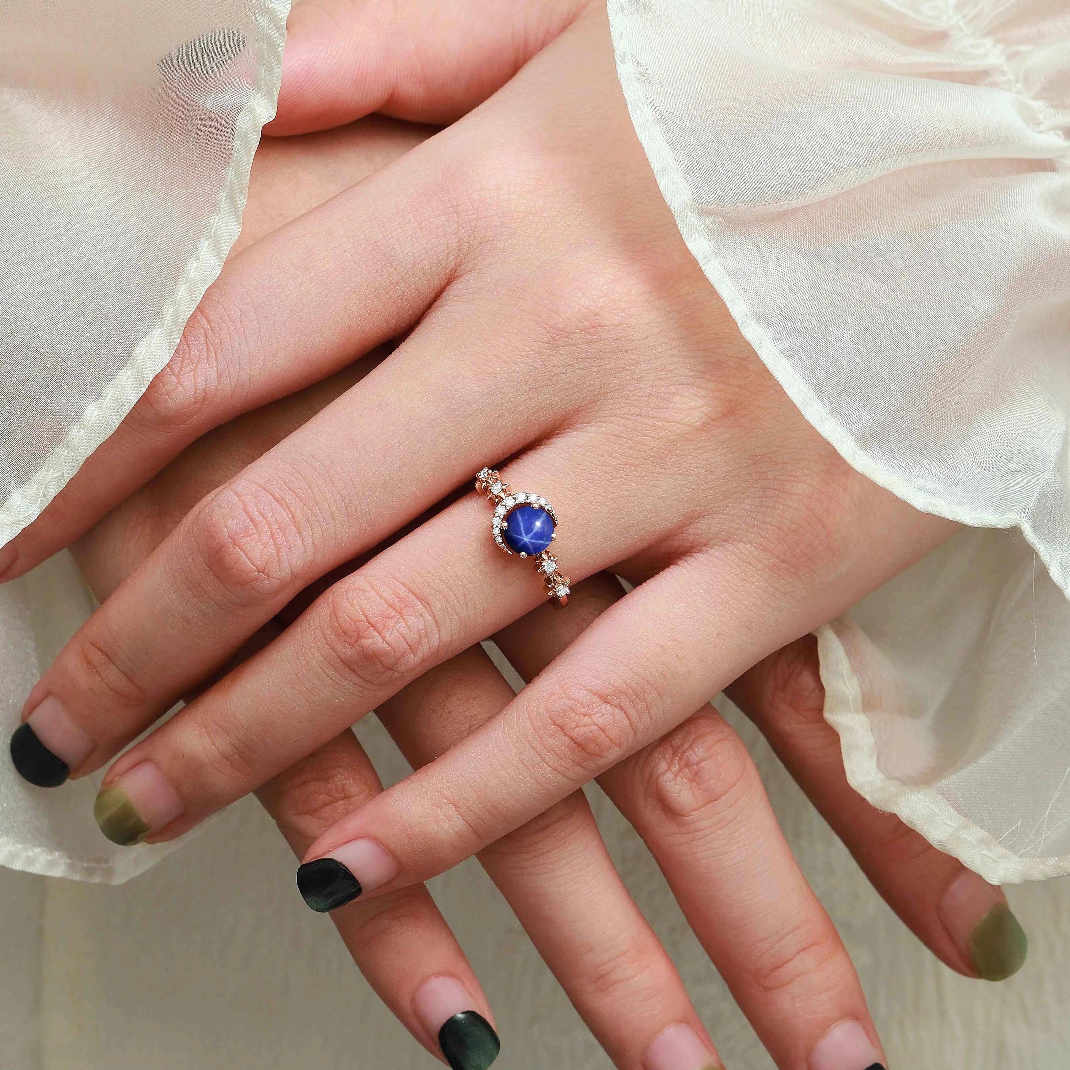 Star & Moon Inspired Custom Round Cut Star Sapphire Engagement Ring - Aurora