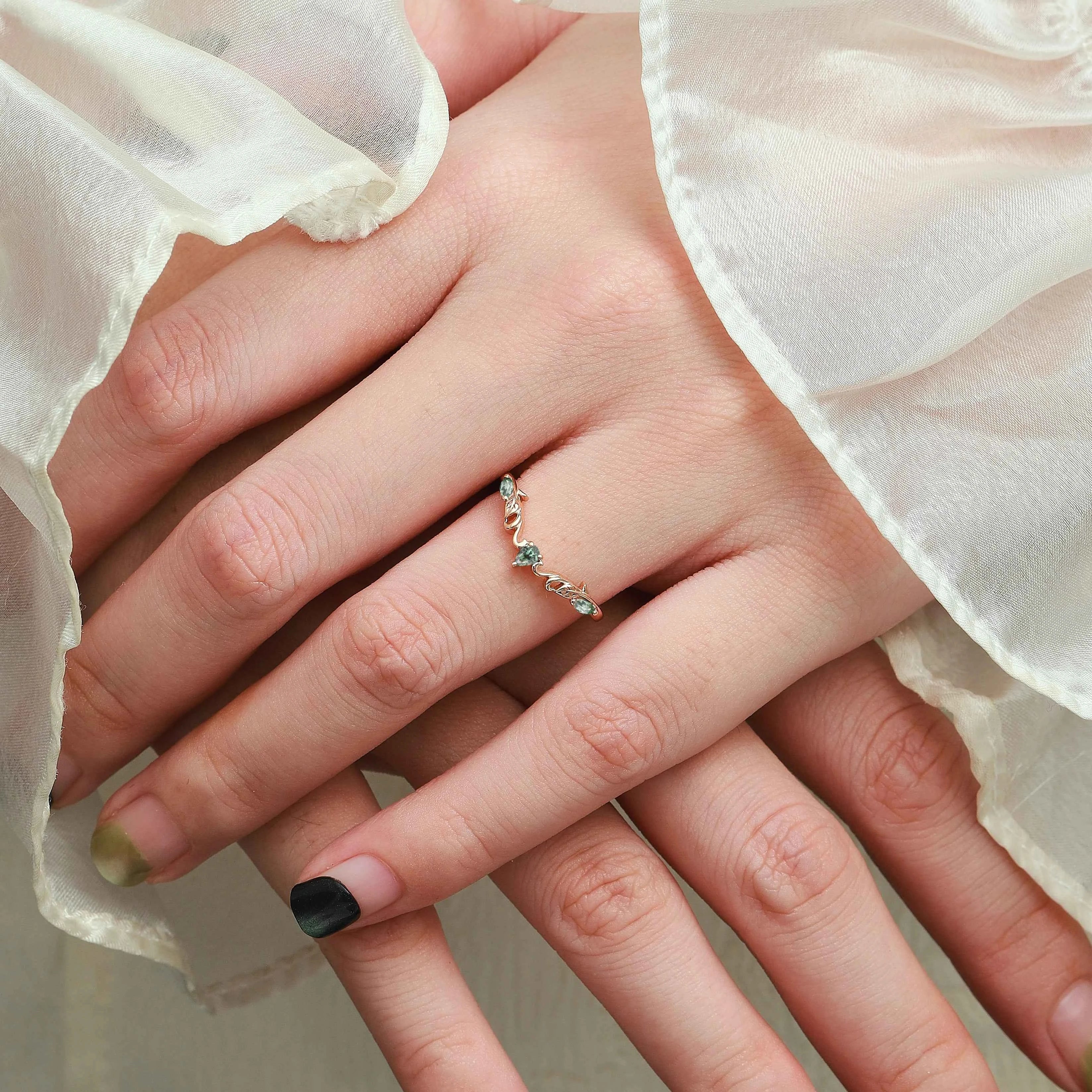 Nature Inspired V-Shaped Natural Green Sapphire Leaf & Vine Wedding Band - Elena