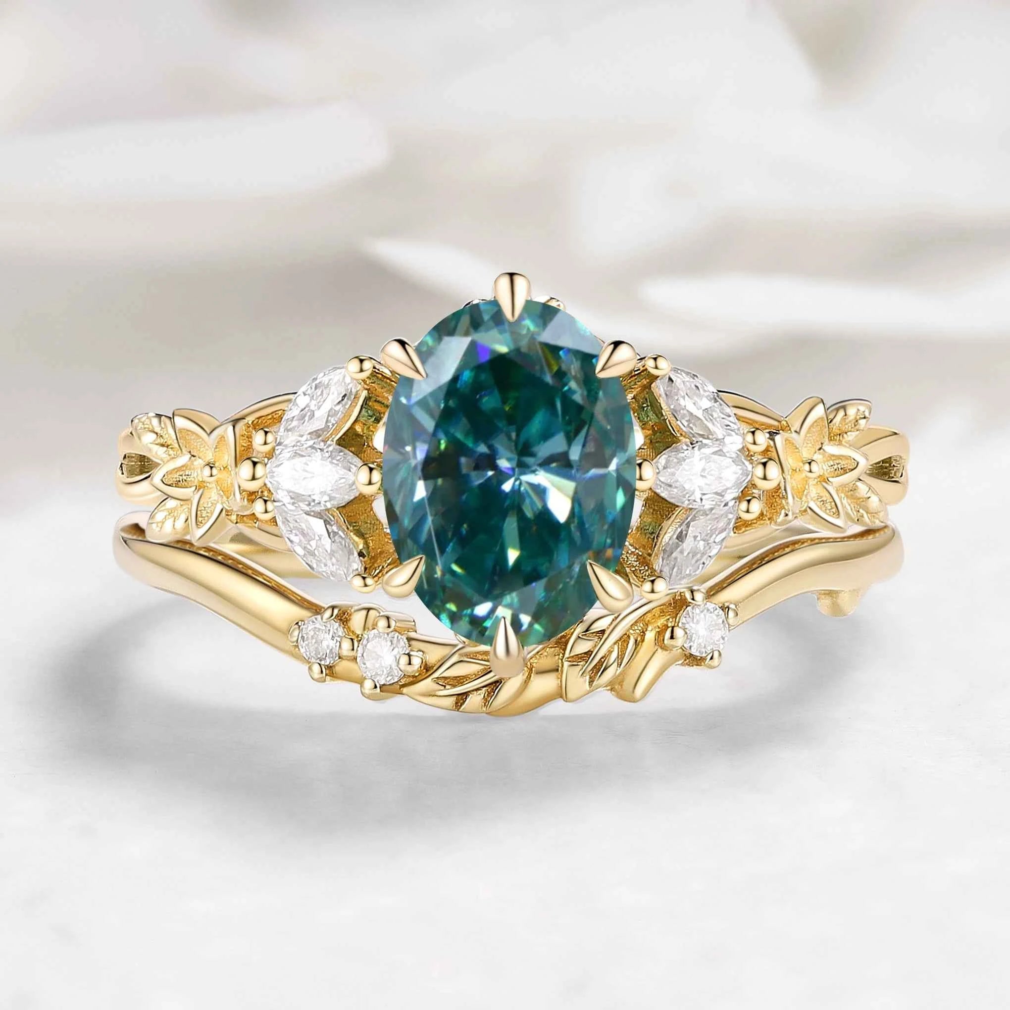 Oval Cut Green Moissanite Flower-Inspired Bud Design Engagement Ring 2pcs