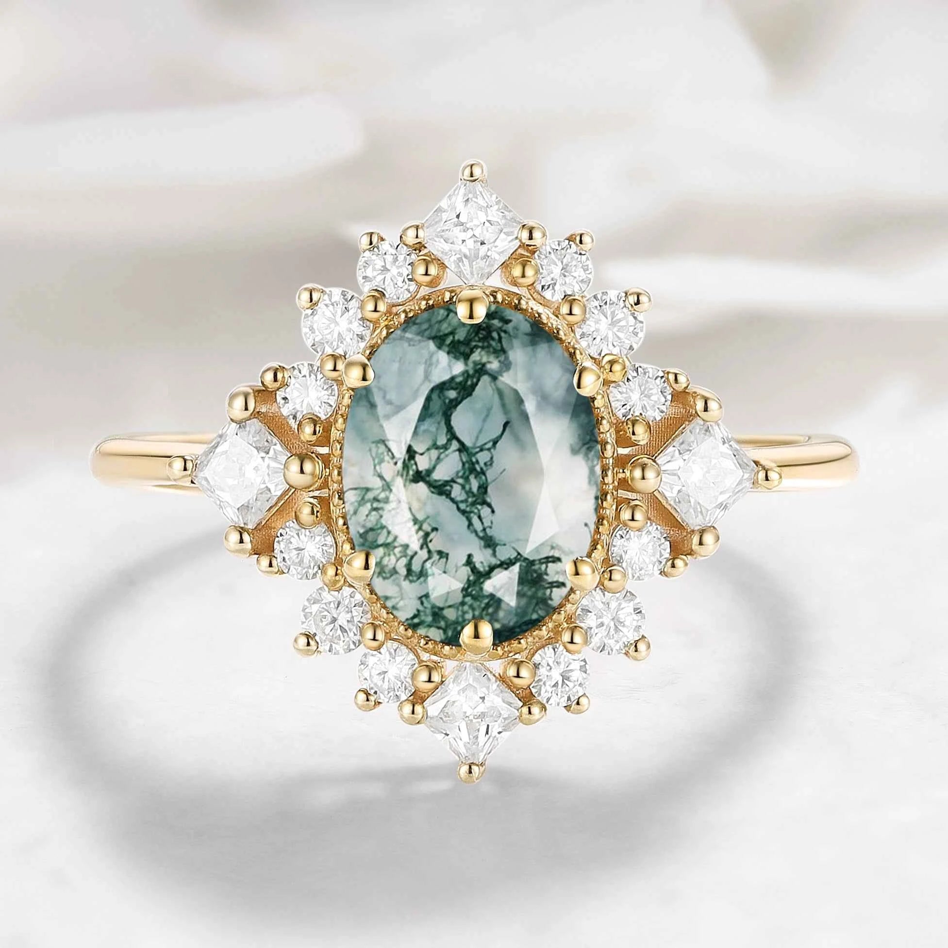 Halo Oval Cut Moss Agate Engagement Ring