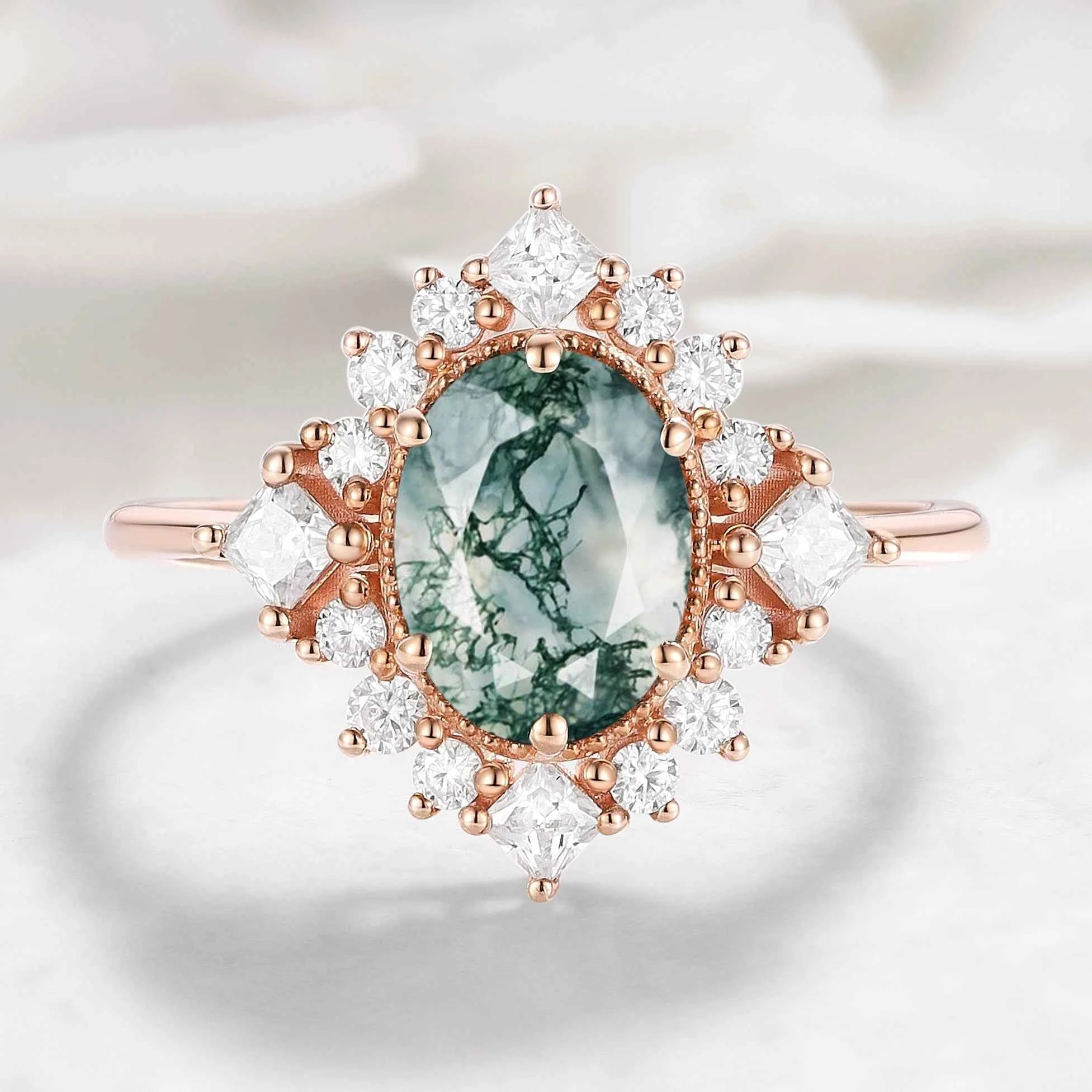 Halo Oval Cut Moss Agate Engagement Ring