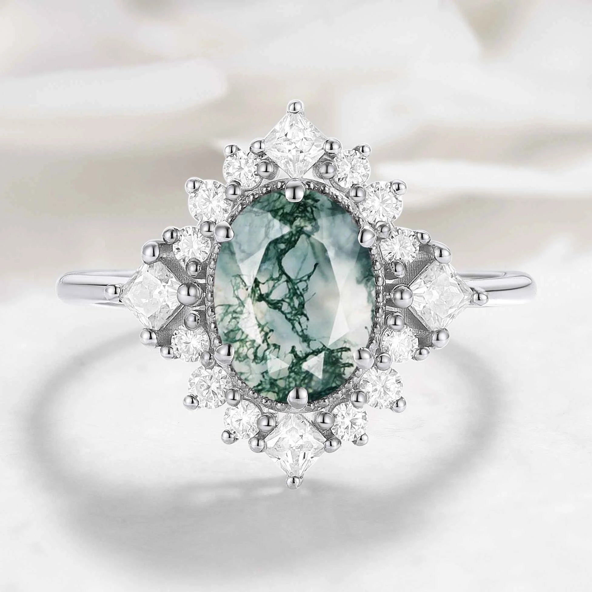 Halo Oval Cut Moss Agate Engagement Ring