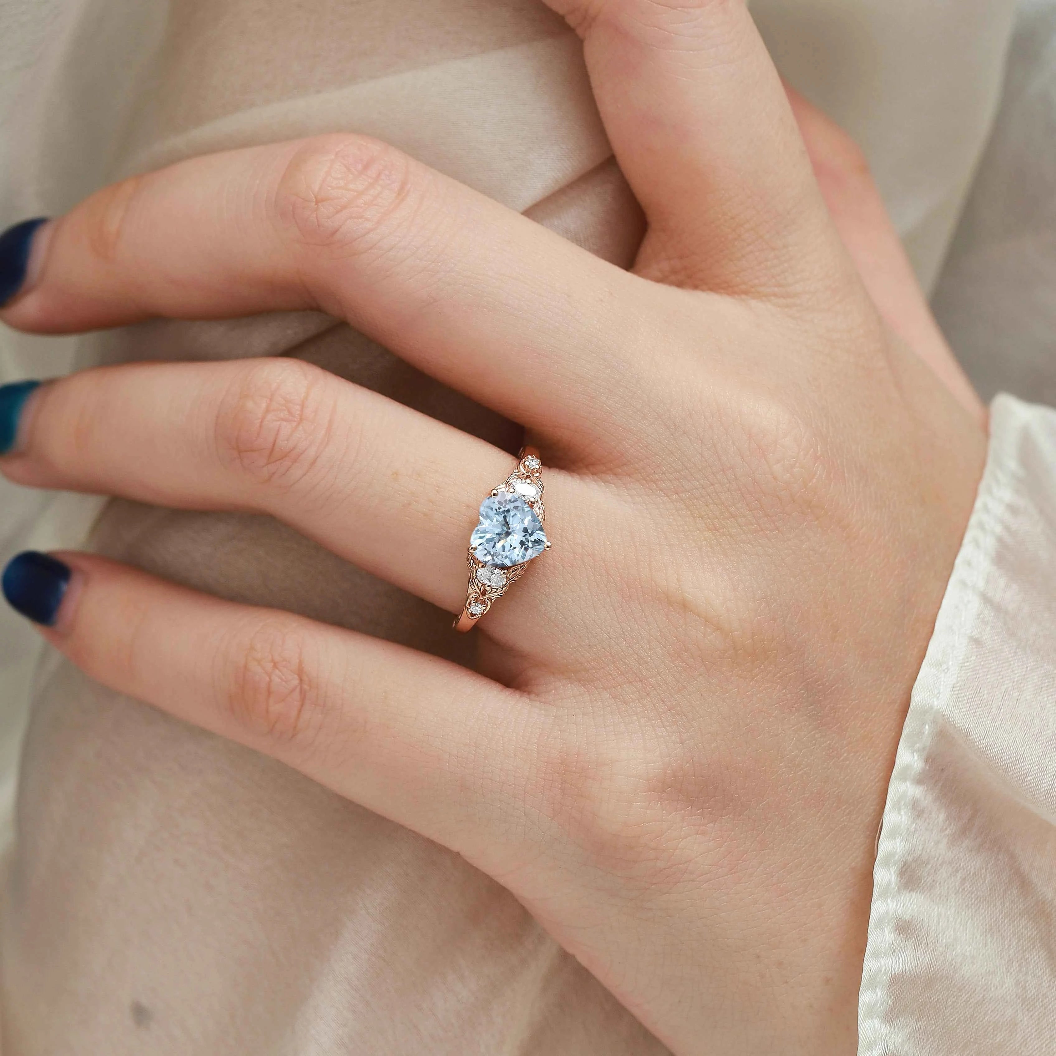 Nature-Inspired Heart-Shaped Aquamarine & Three-Stone Moissanite Engagement Ring - Sophia