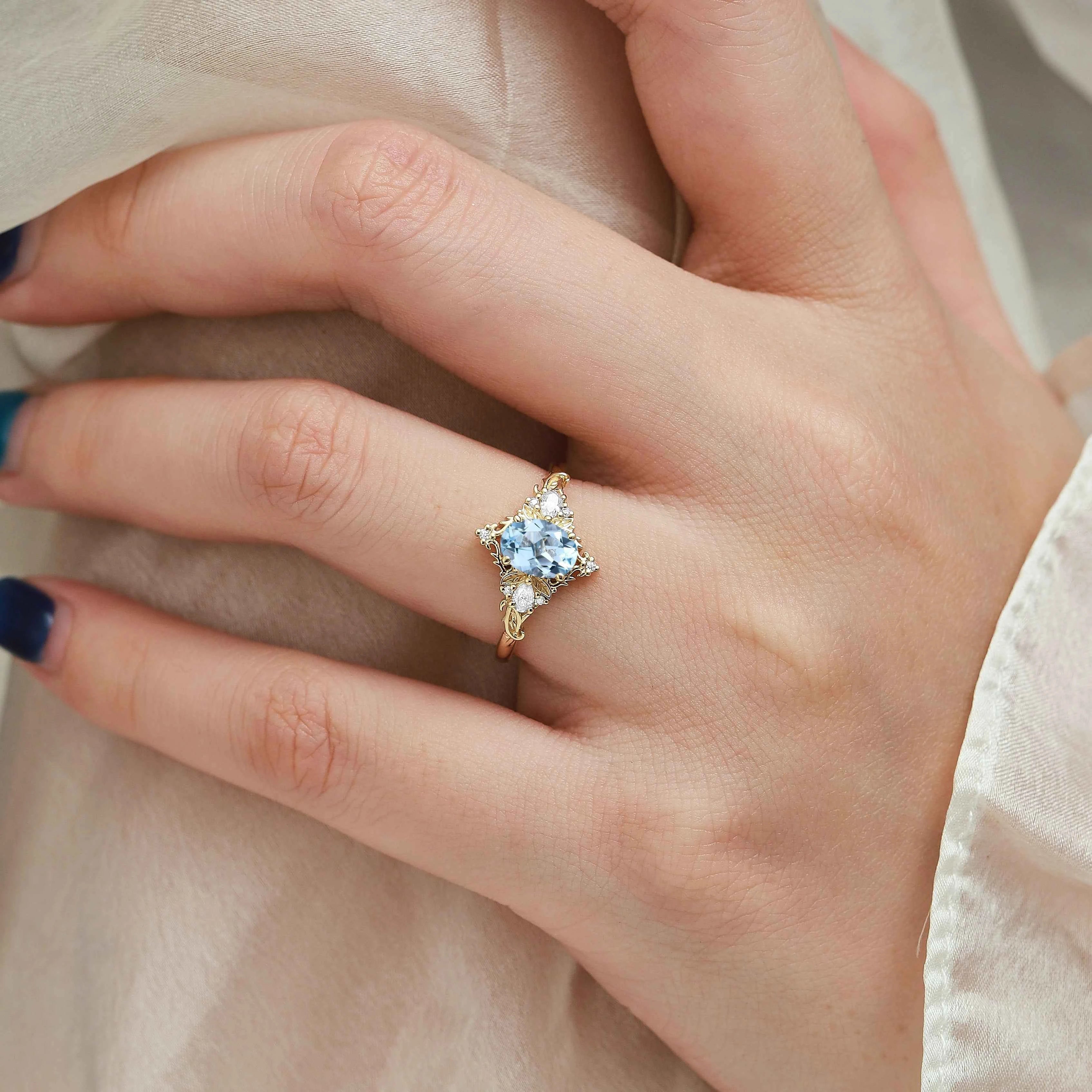 Oval Aquamarine & Pear Moissanite Engagement Ring with Leaf Motifs and Vine-Style Band - Seraphina