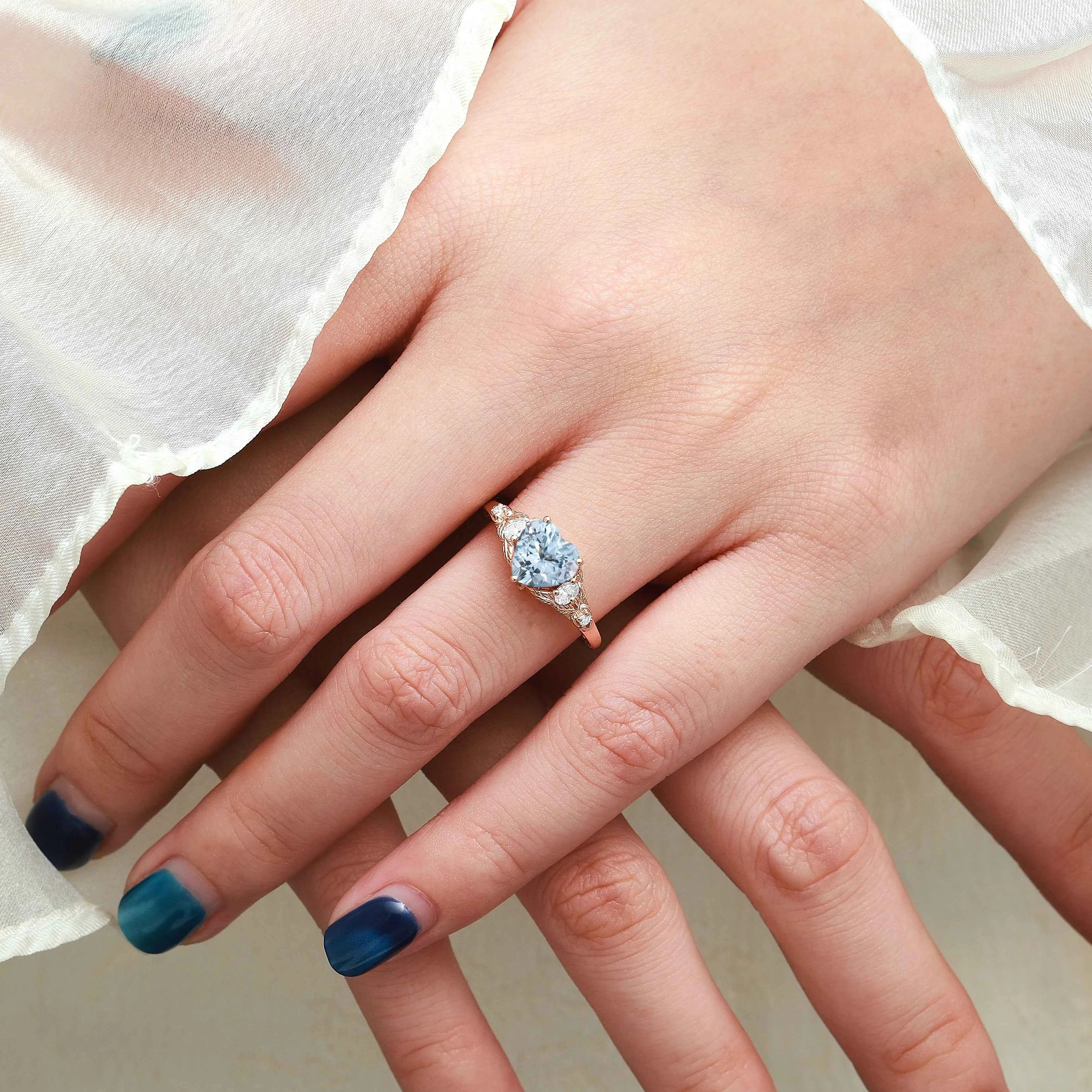 Nature-Inspired Heart-Shaped Aquamarine & Three-Stone Moissanite Engagement Ring - Sophia