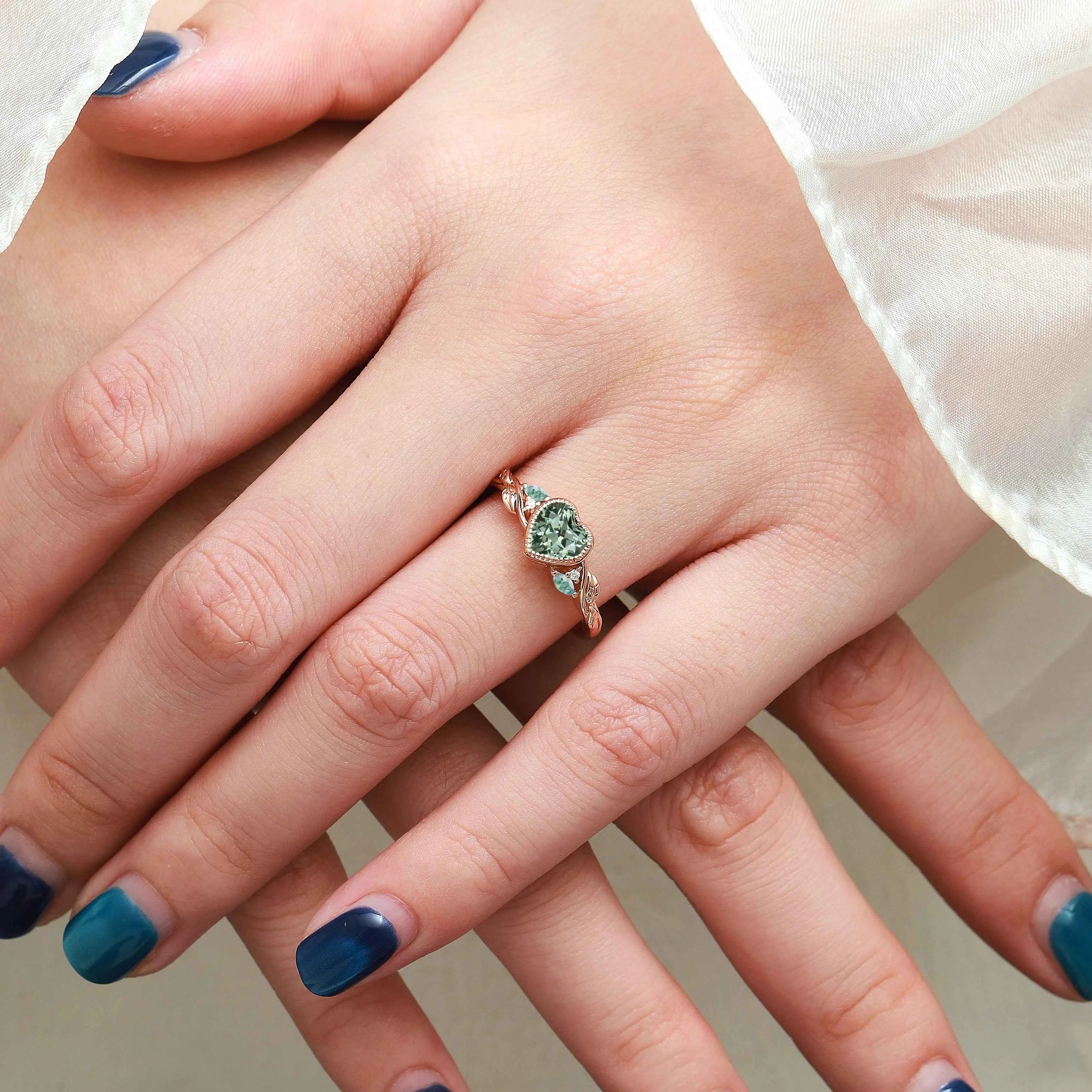 Nature-Inspired Leaf Heart-Cut Green Sapphire Bezel Engagement Ring & Moss Agate Accent - Isabellas