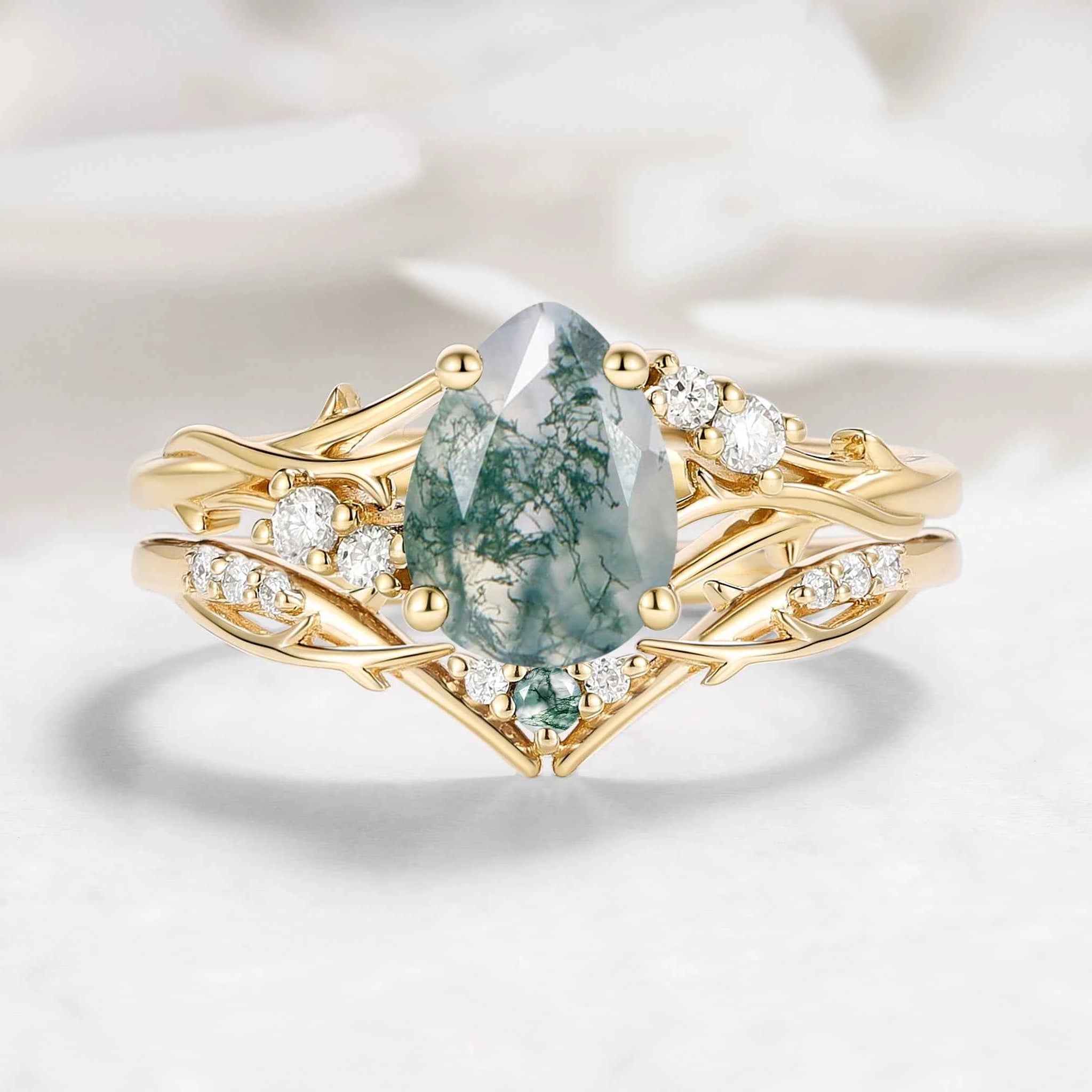 Nature-Inspired Branch Pear Cut Moss Agate Engagement Ring Bridal Set - Faewillow